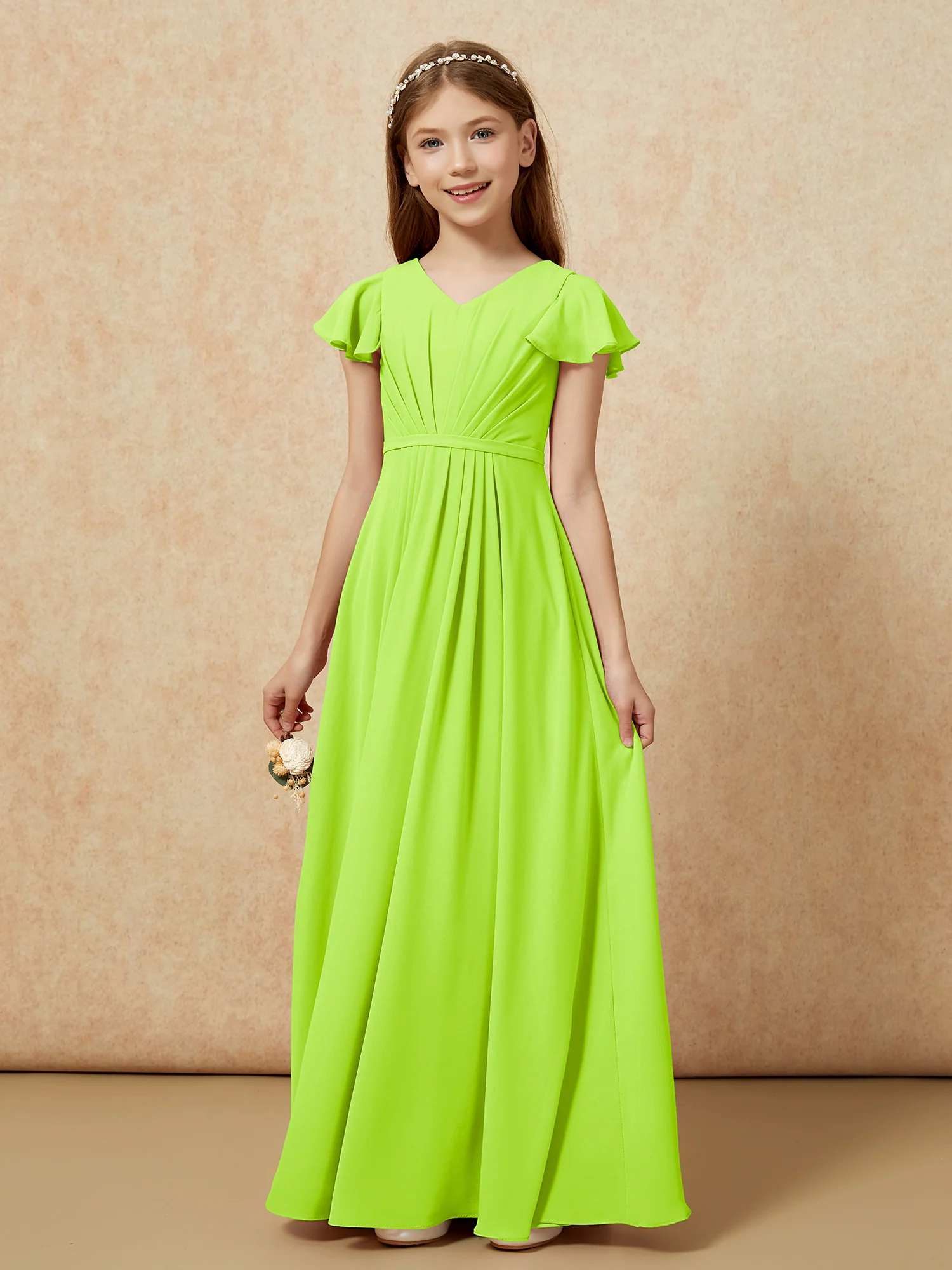 Flutter Sleeves V-neck Chiffon Junior Bridesmaid Dresses Lime Green - Image 7