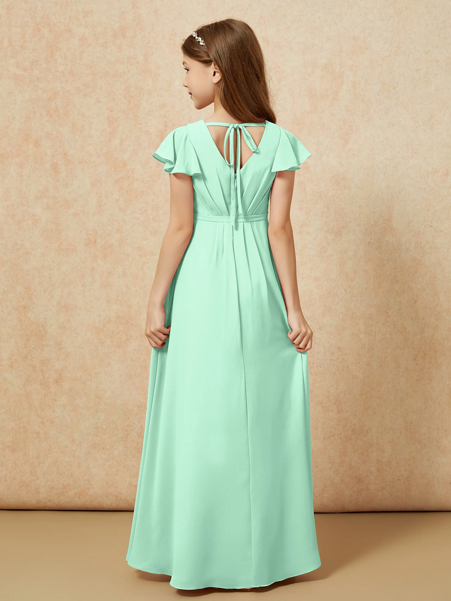 Flutter Sleeves V-neck Chiffon Junior Bridesmaid Dresses Mint Green - Image 2