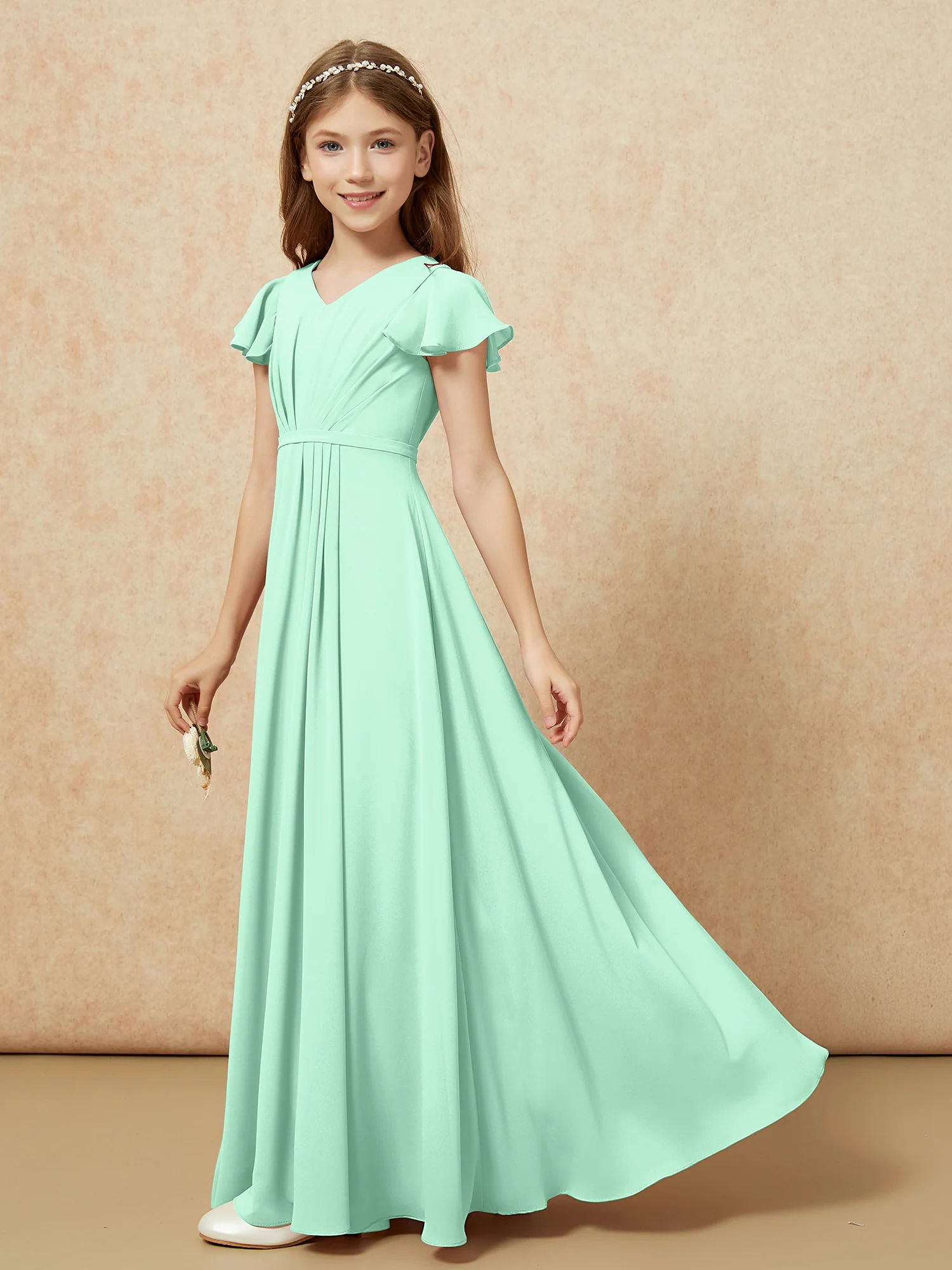Flutter Sleeves V-neck Chiffon Junior Bridesmaid Dresses Mint Green - Image 3