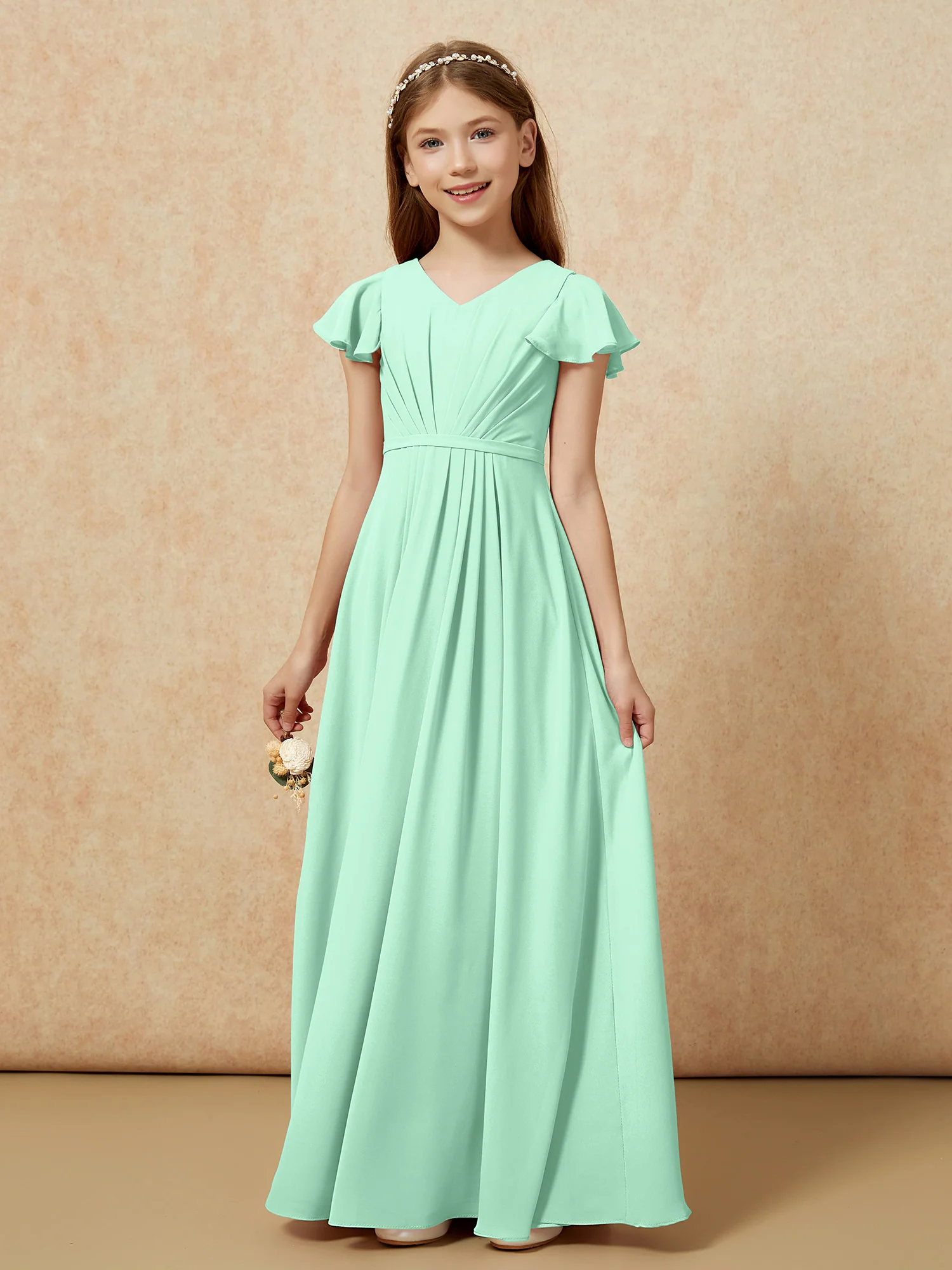 Flutter Sleeves V-neck Chiffon Junior Bridesmaid Dresses Mint Green - Image 7