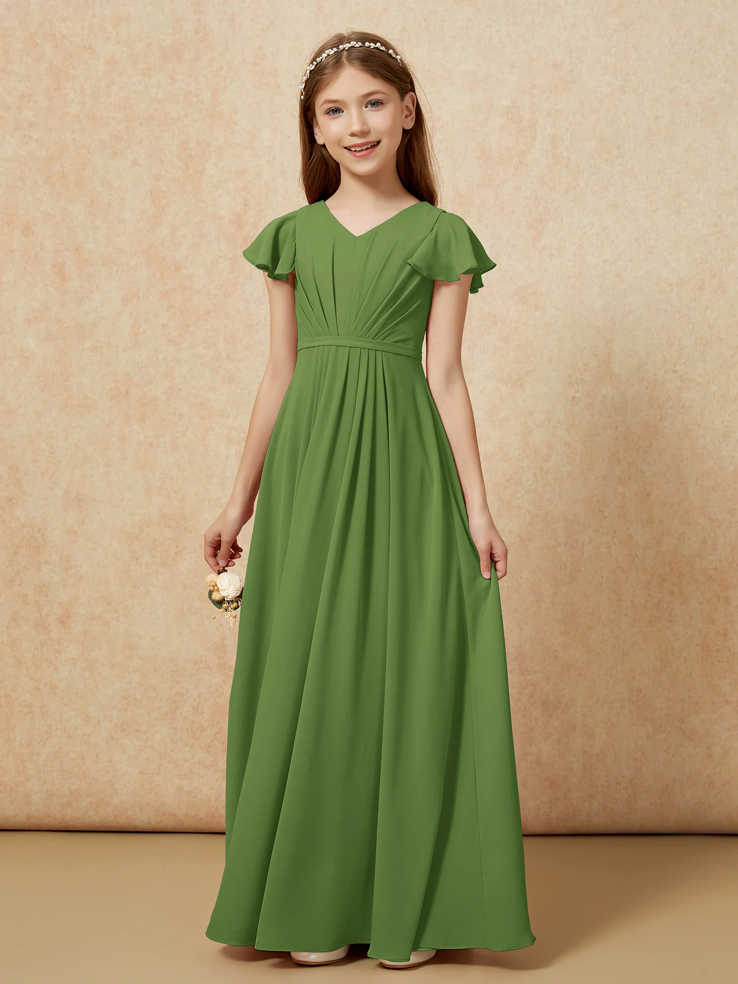 Flutter Sleeves V-neck Chiffon Junior Bridesmaid Dresses Moss - Image 7