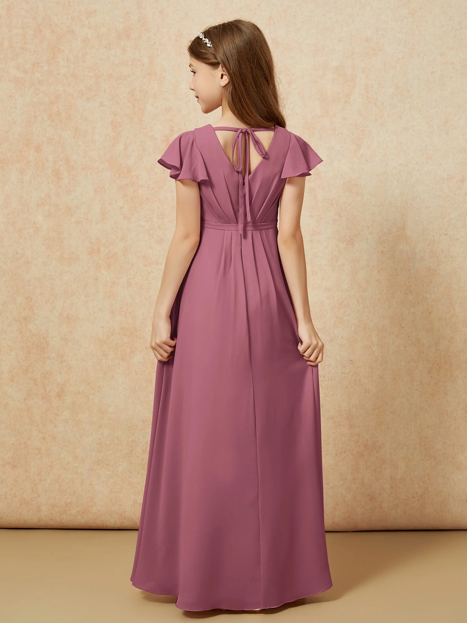 Flutter Sleeves V-neck Chiffon Junior Bridesmaid Dresses Mulberry - Image 2