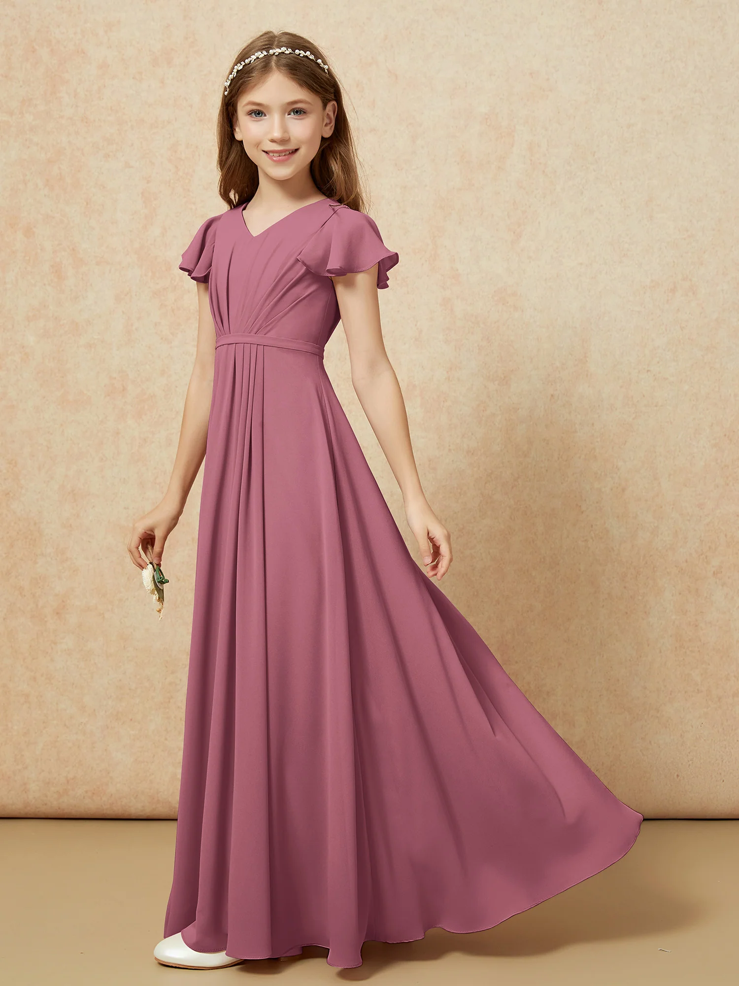 Flutter Sleeves V-neck Chiffon Junior Bridesmaid Dresses Mulberry - Image 3
