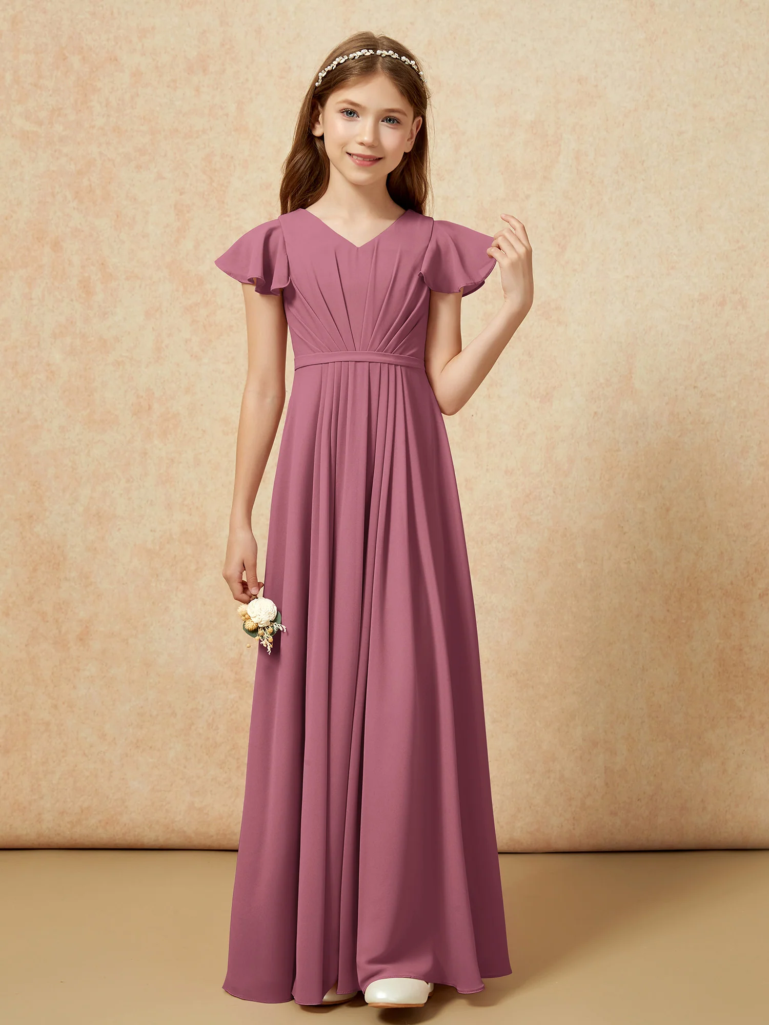 Flutter Sleeves V-neck Chiffon Junior Bridesmaid Dresses Mulberry - Image 4