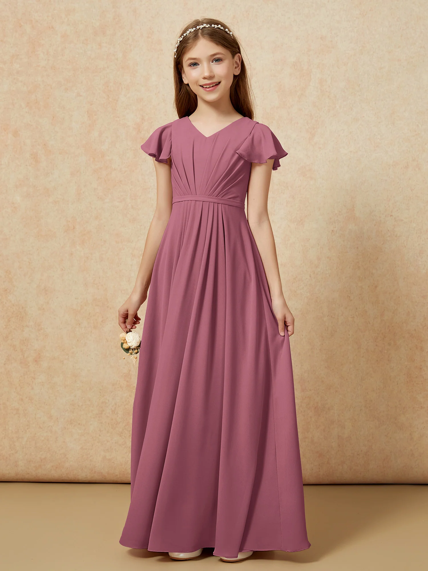 Flutter Sleeves V-neck Chiffon Junior Bridesmaid Dresses Mulberry - Image 7