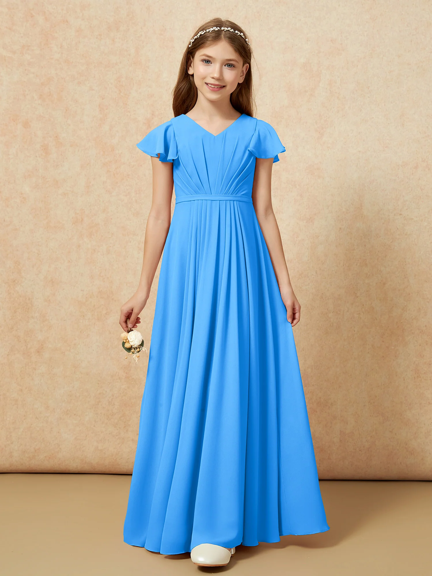 Flutter Sleeves V-neck Chiffon Junior Bridesmaid Dresses Ocean Blue - Image 6