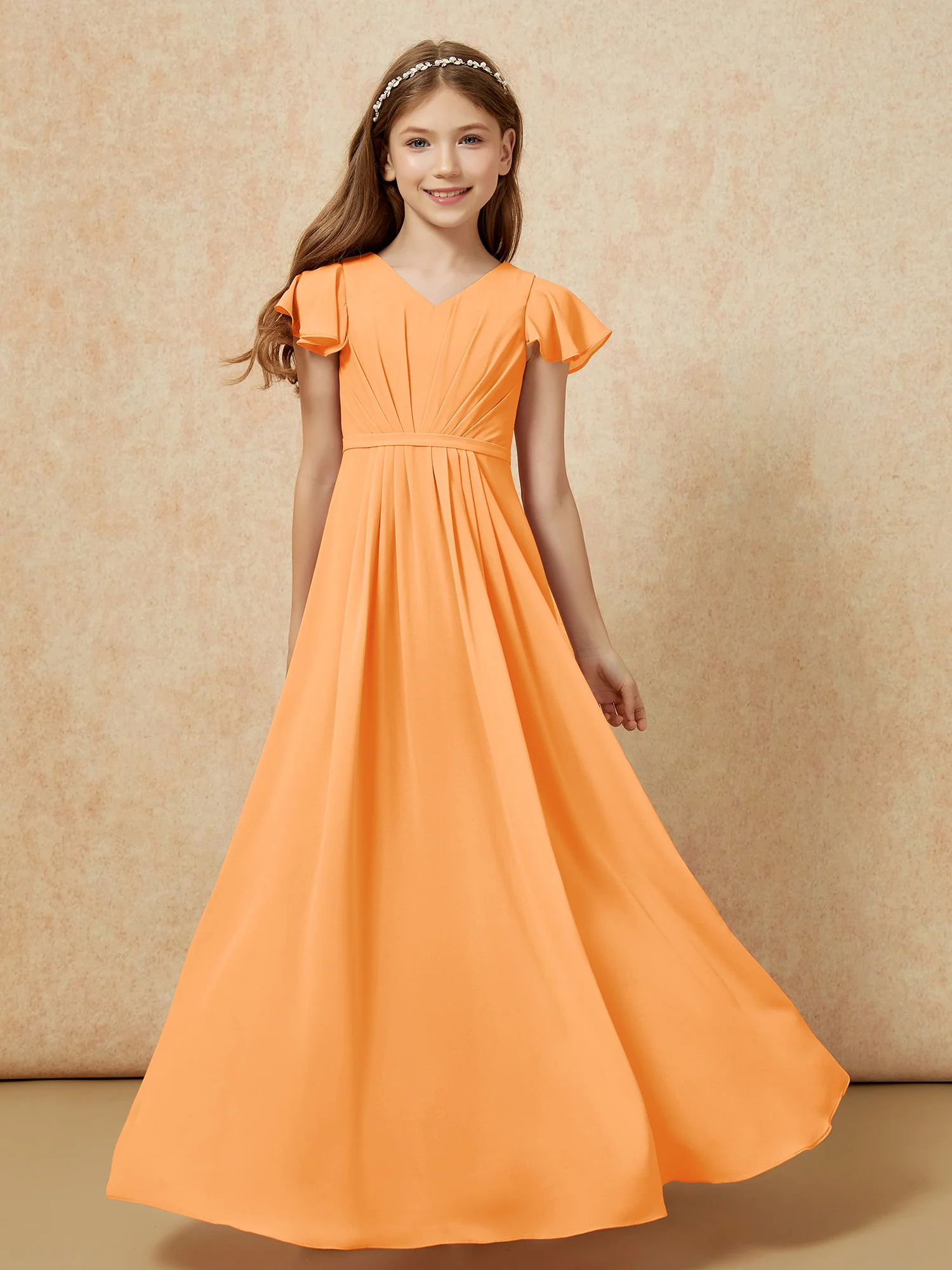 Flutter Sleeves V-neck Chiffon Junior Bridesmaid Dresses Orange