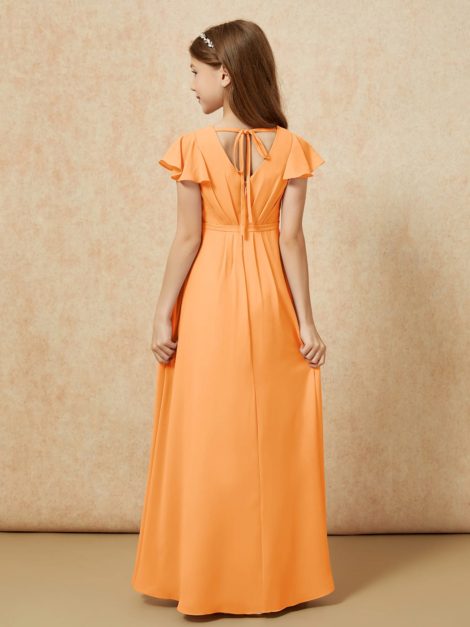 Flutter Sleeves V-neck Chiffon Junior Bridesmaid Dresses Orange - Image 2