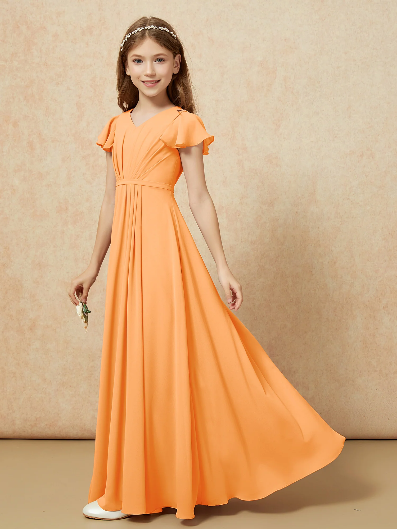 Flutter Sleeves V-neck Chiffon Junior Bridesmaid Dresses Orange - Image 3