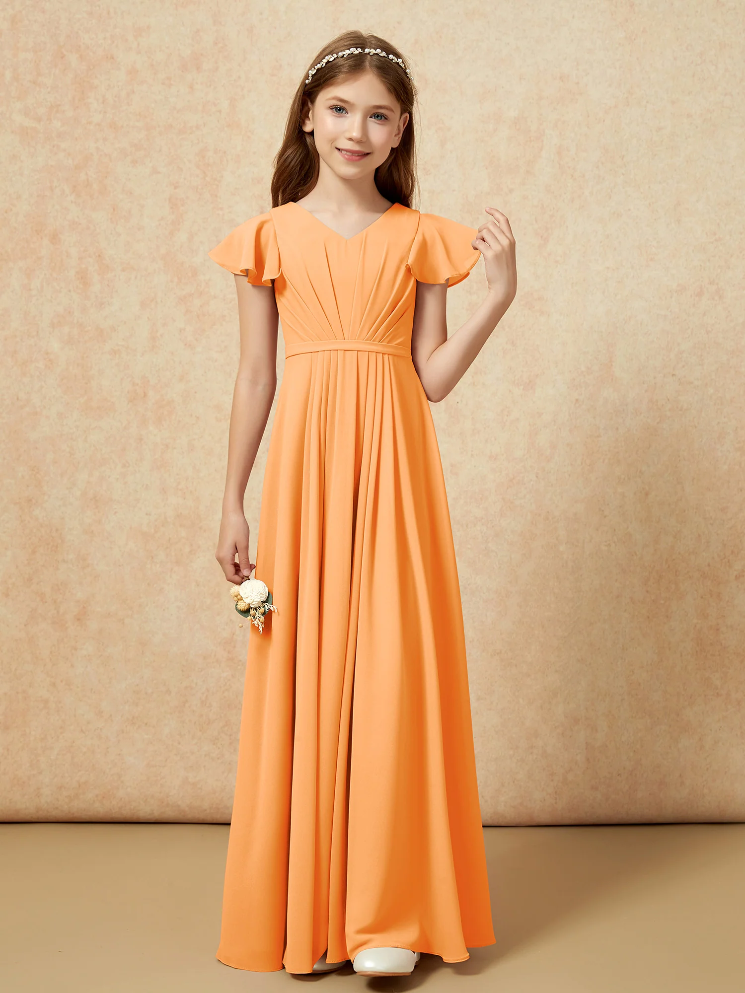 Flutter Sleeves V-neck Chiffon Junior Bridesmaid Dresses Orange - Image 4