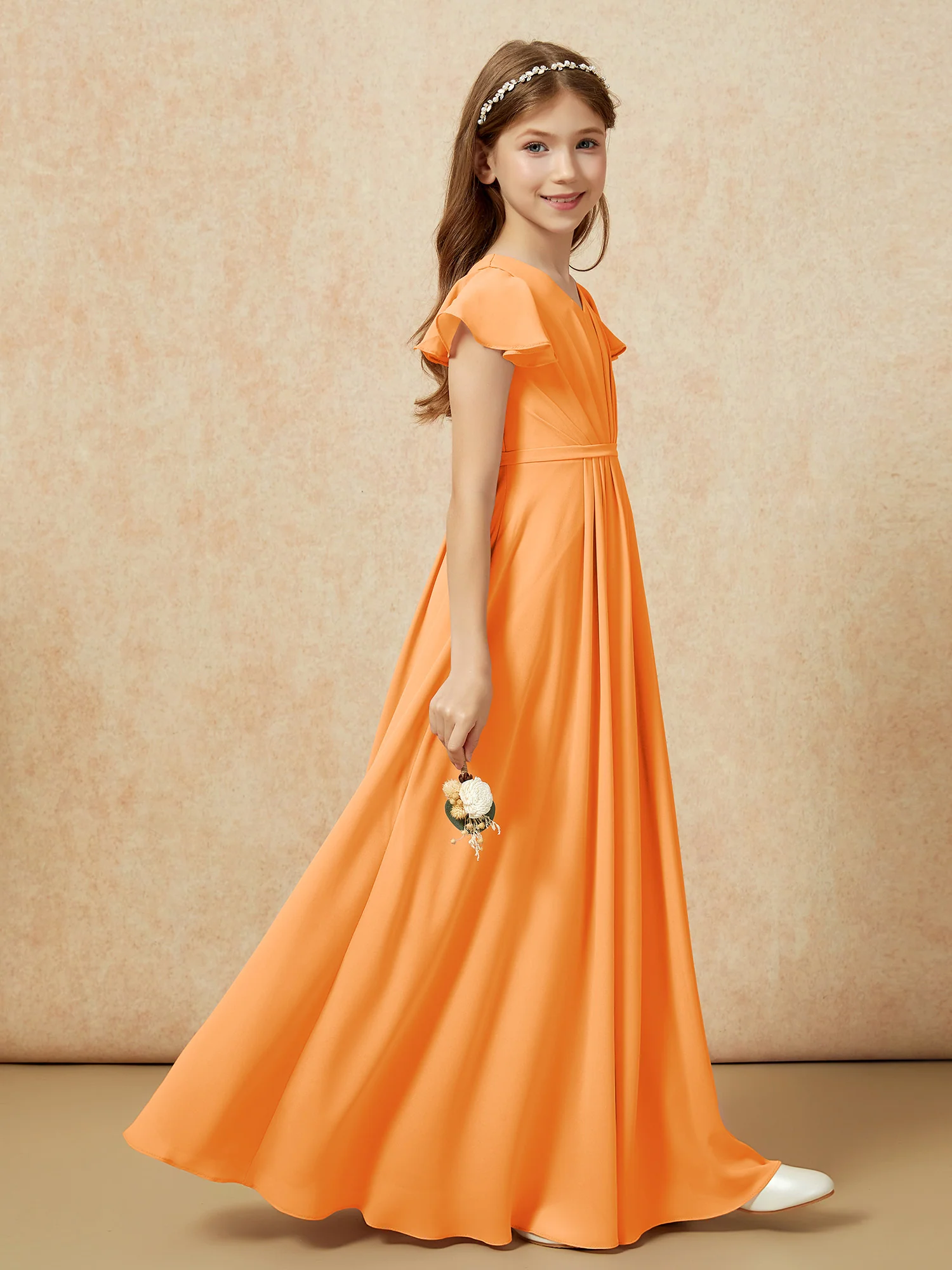 Flutter Sleeves V-neck Chiffon Junior Bridesmaid Dresses Orange - Image 5
