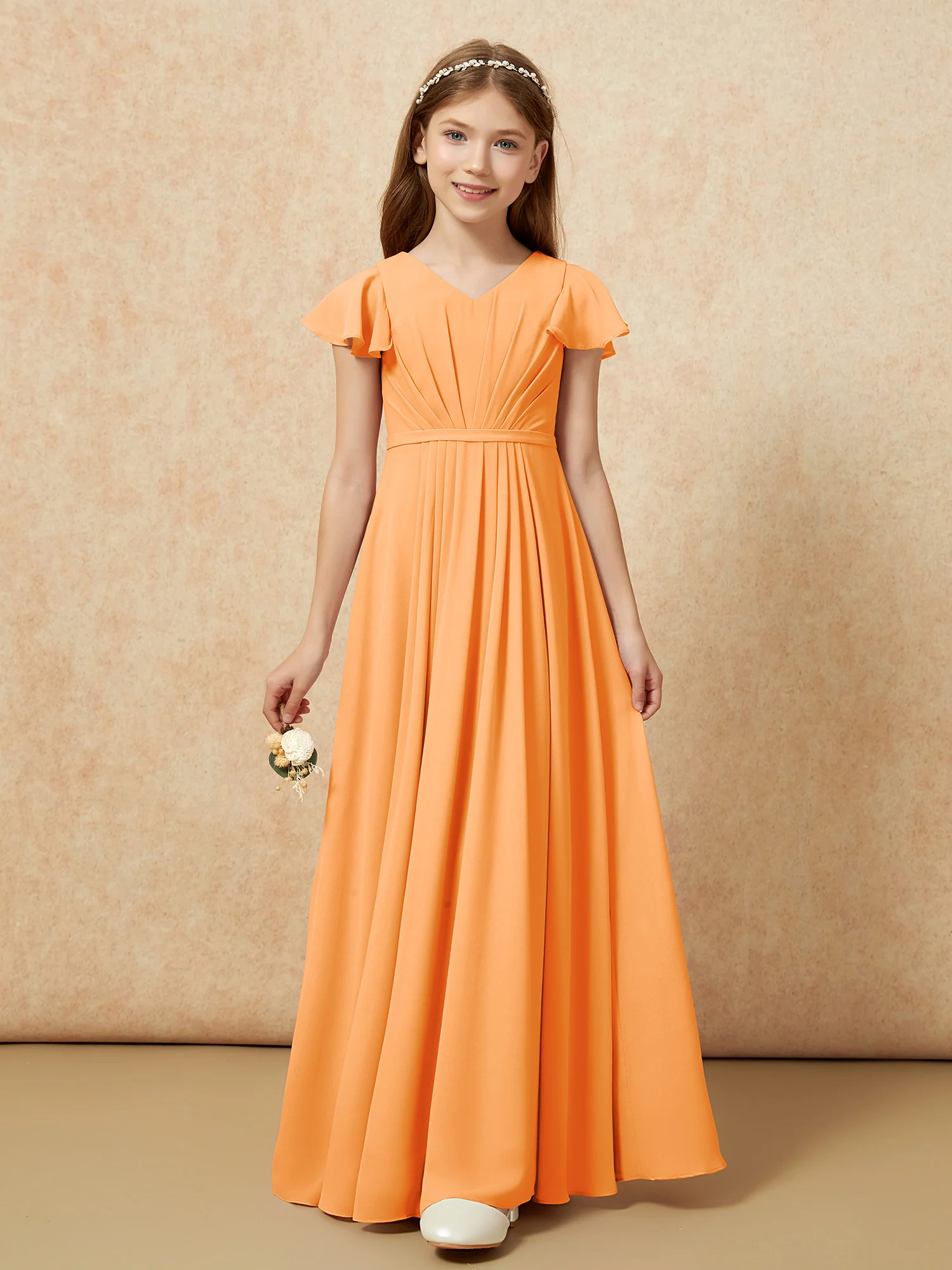 Flutter Sleeves V-neck Chiffon Junior Bridesmaid Dresses Orange - Image 6