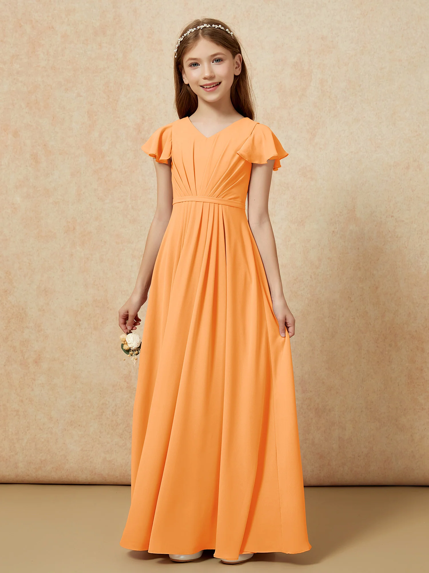 Flutter Sleeves V-neck Chiffon Junior Bridesmaid Dresses Orange - Image 7