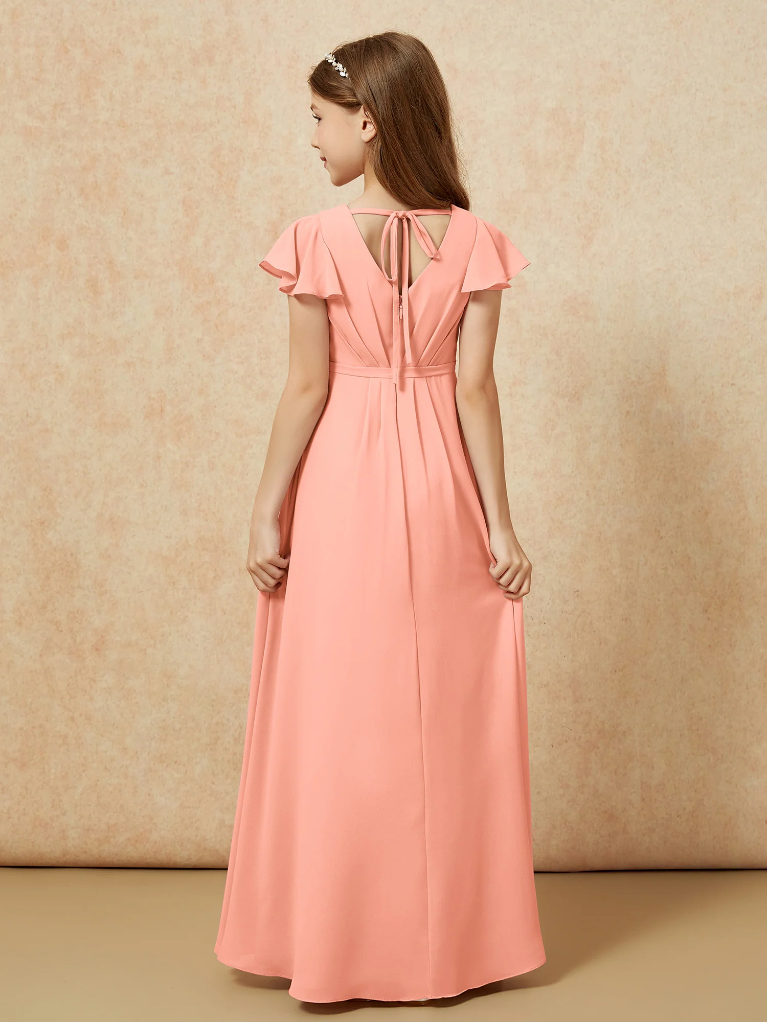 Flutter Sleeves V-neck Chiffon Junior Bridesmaid Dresses Papaya - Image 2