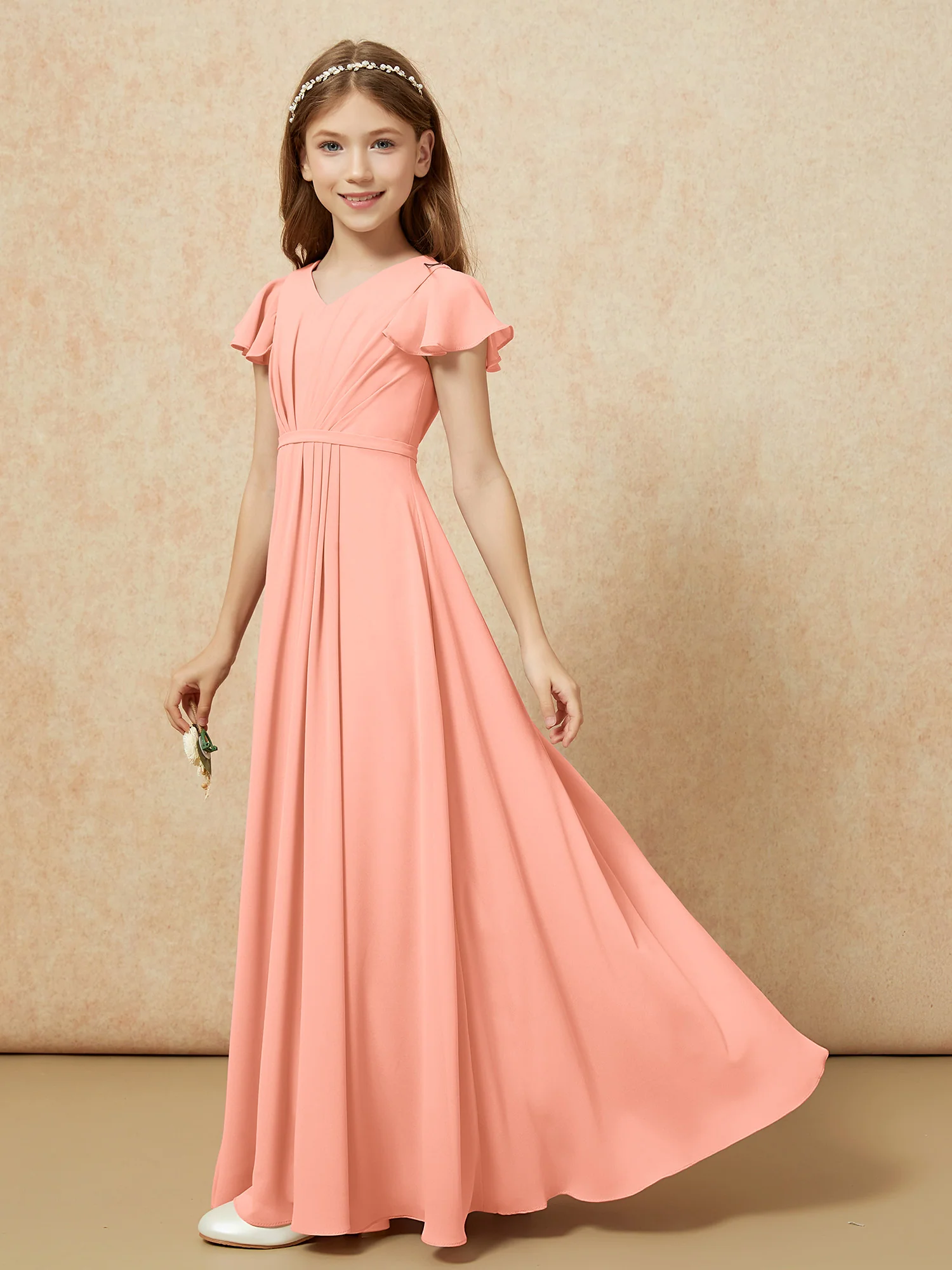 Flutter Sleeves V-neck Chiffon Junior Bridesmaid Dresses Papaya - Image 3