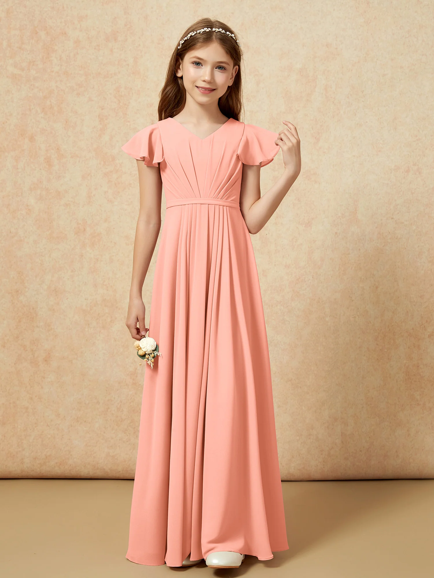 Flutter Sleeves V-neck Chiffon Junior Bridesmaid Dresses Papaya - Image 4