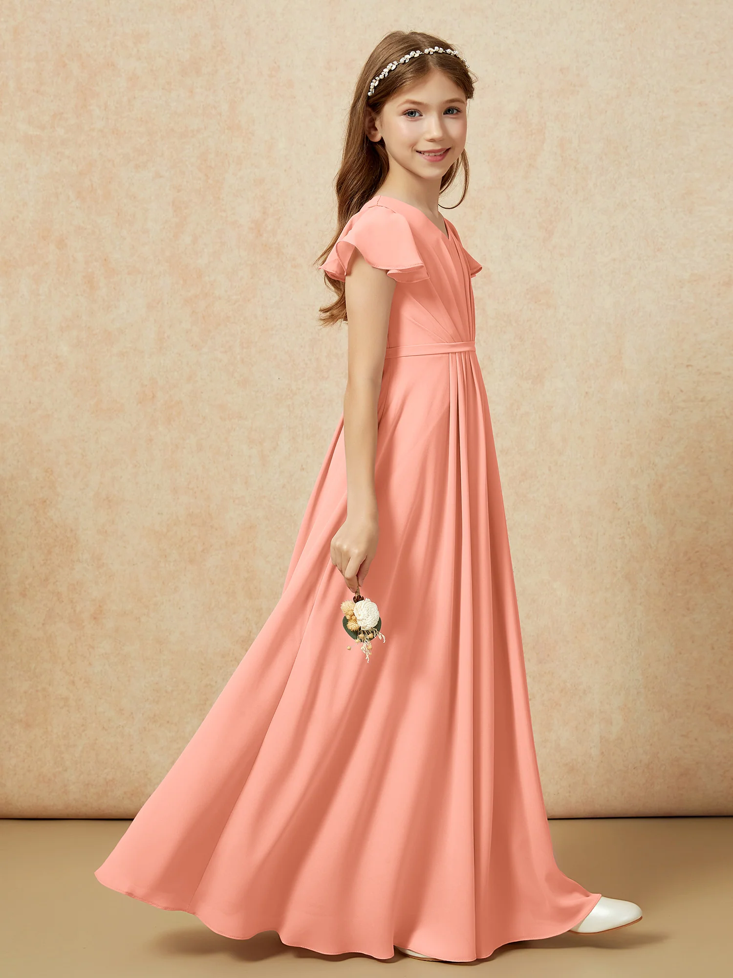 Flutter Sleeves V-neck Chiffon Junior Bridesmaid Dresses Papaya - Image 5