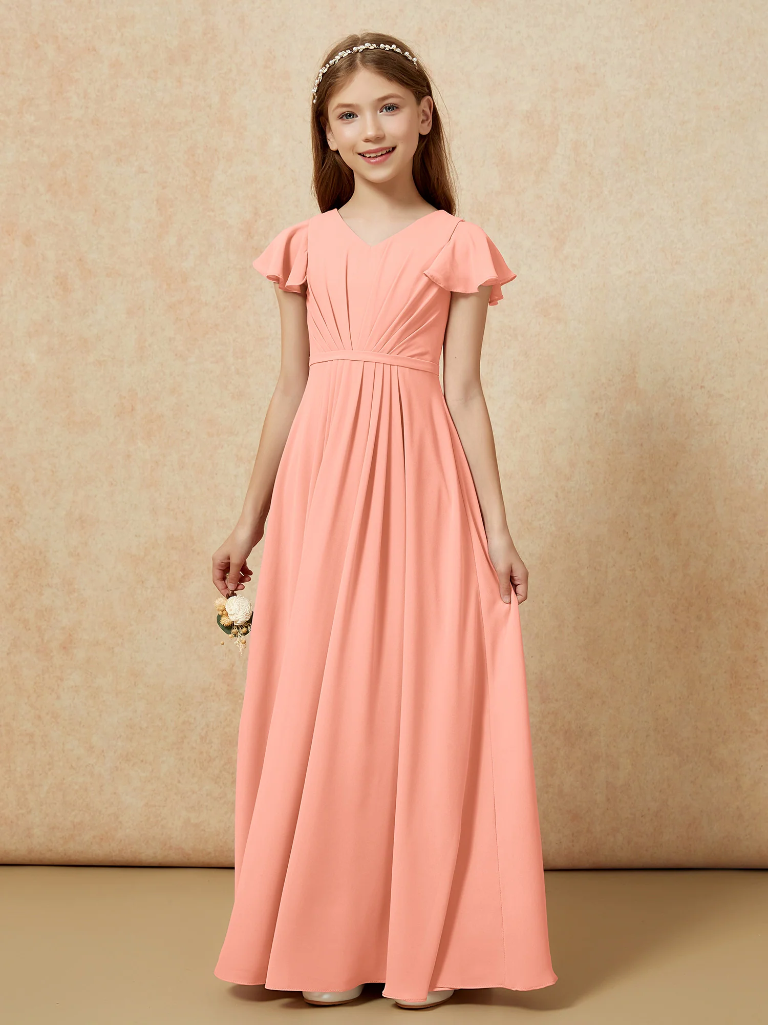 Flutter Sleeves V-neck Chiffon Junior Bridesmaid Dresses Papaya - Image 7