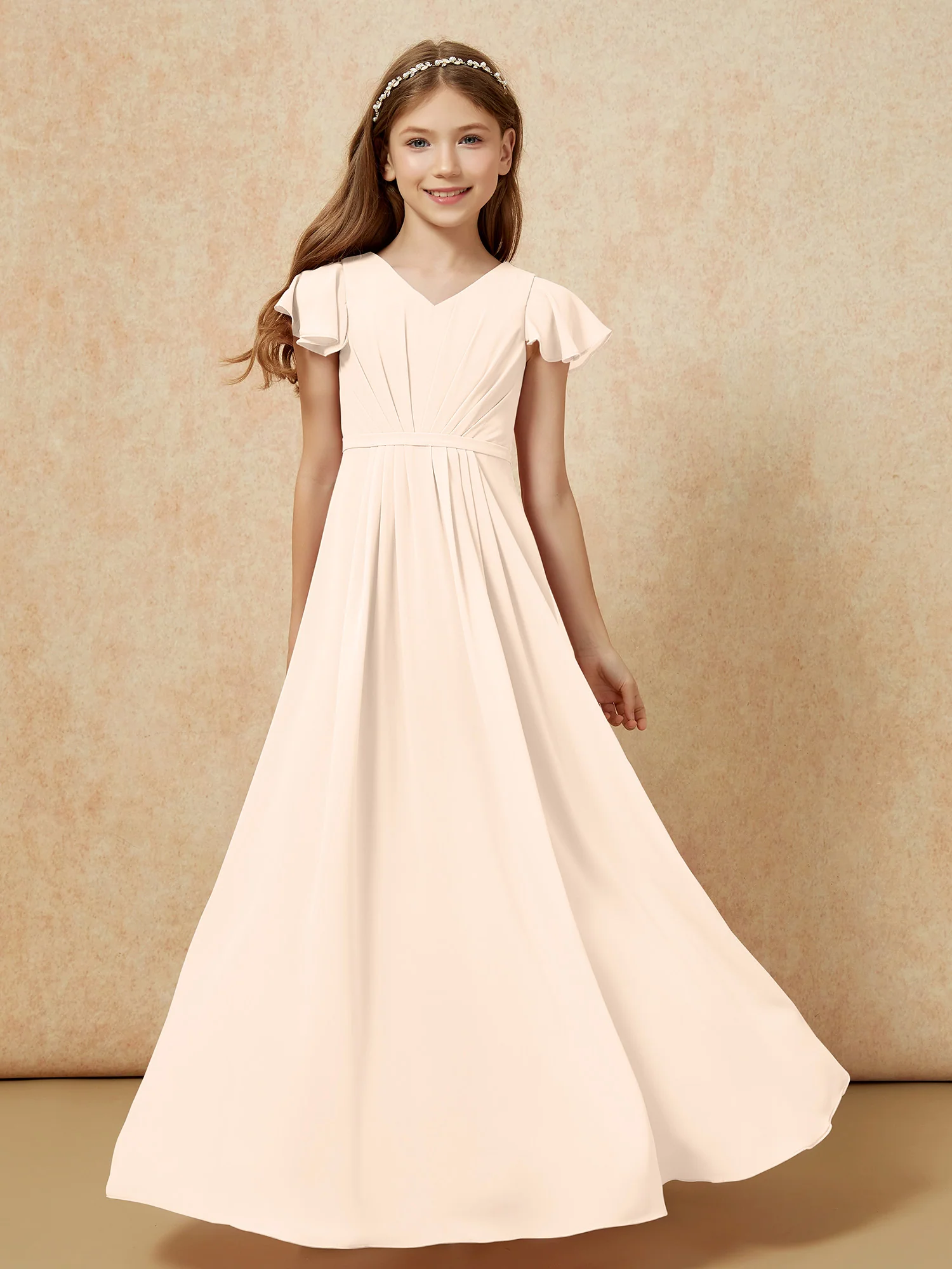 Flutter Sleeves V-neck Chiffon Junior Bridesmaid Dresses Peach