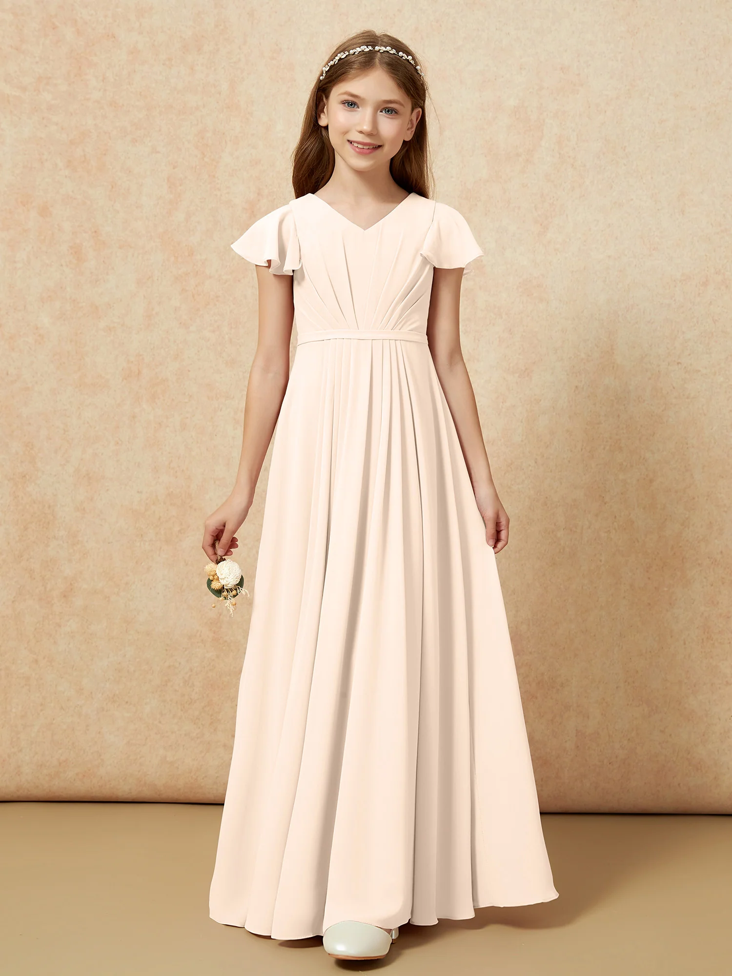 Flutter Sleeves V-neck Chiffon Junior Bridesmaid Dresses Peach - Image 6