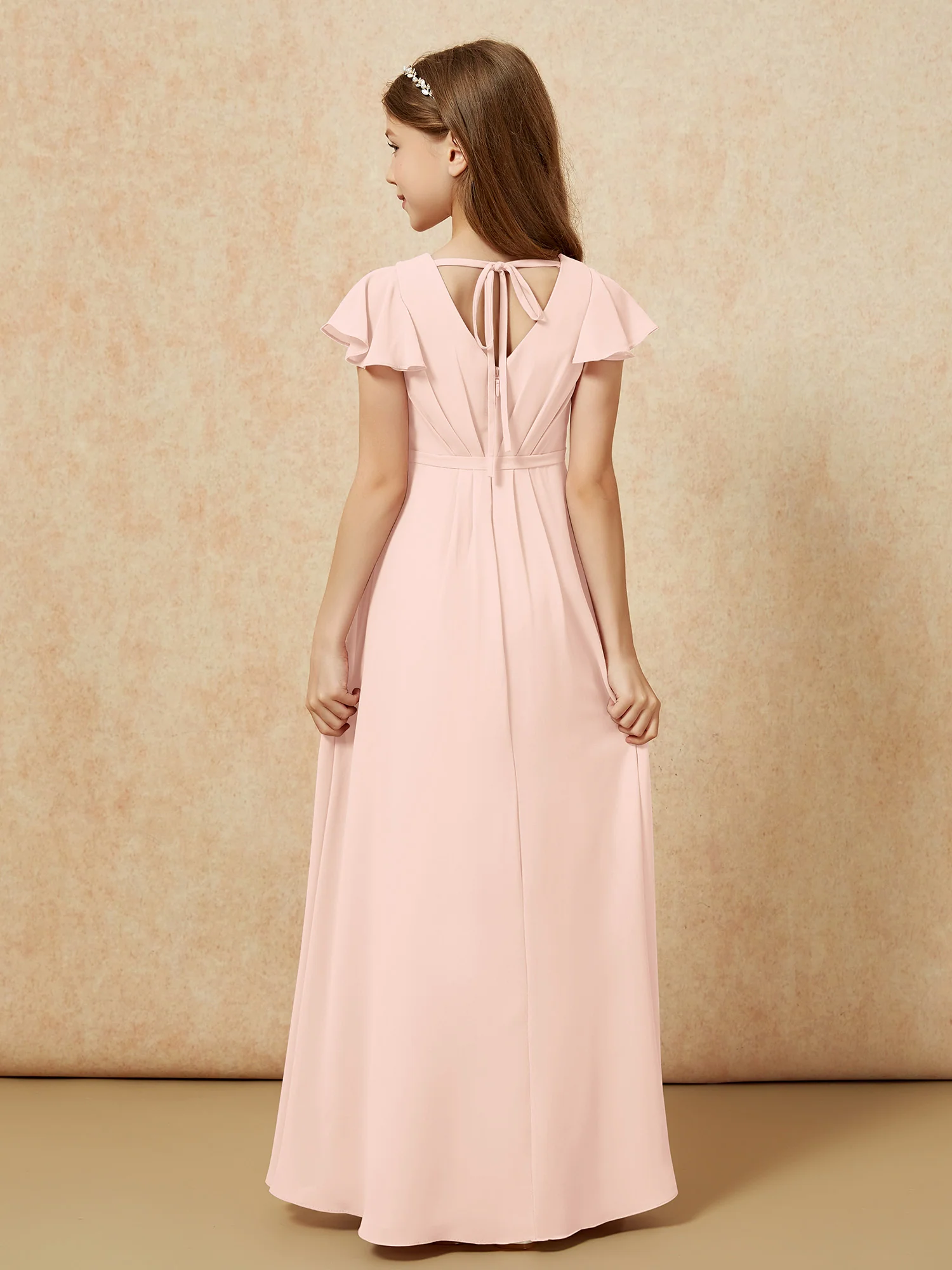 Flutter Sleeves V-neck Chiffon Junior Bridesmaid Dresses Pearl Pink - Image 2