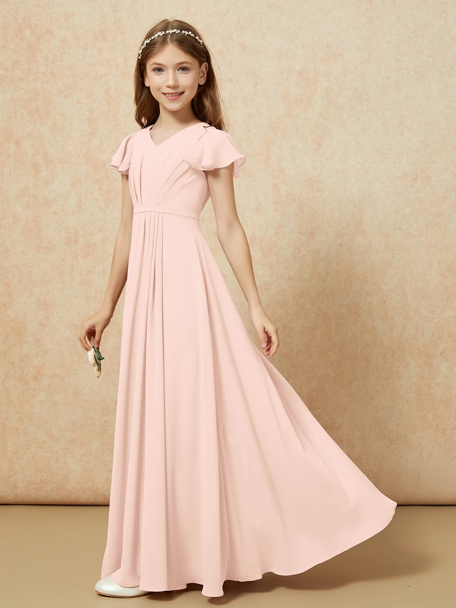 Flutter Sleeves V-neck Chiffon Junior Bridesmaid Dresses Pearl Pink - Image 3
