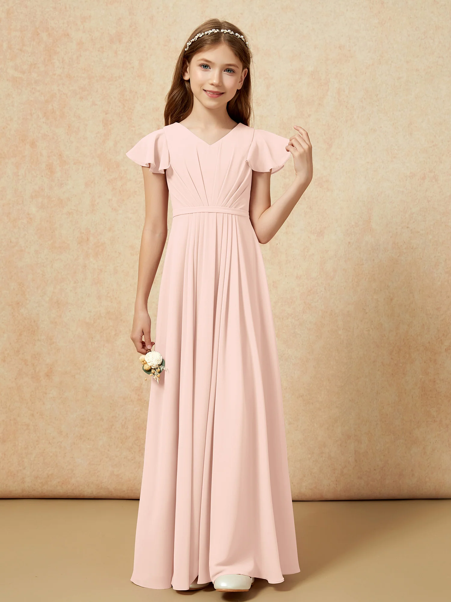 Flutter Sleeves V-neck Chiffon Junior Bridesmaid Dresses Pearl Pink - Image 4