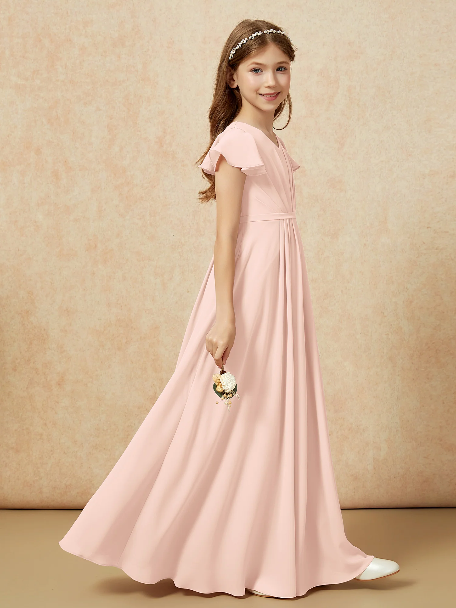 Flutter Sleeves V-neck Chiffon Junior Bridesmaid Dresses Pearl Pink - Image 5