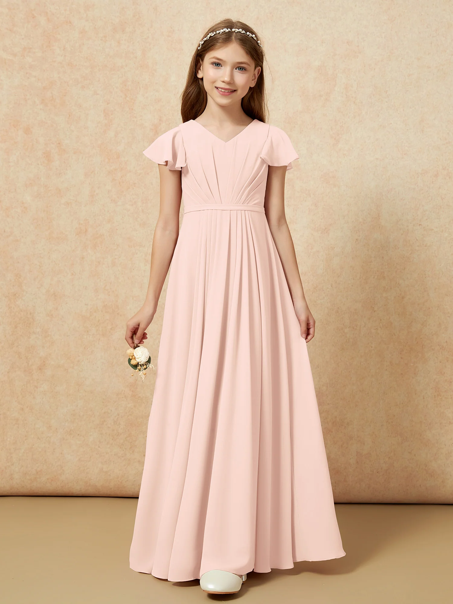 Flutter Sleeves V-neck Chiffon Junior Bridesmaid Dresses Pearl Pink - Image 6