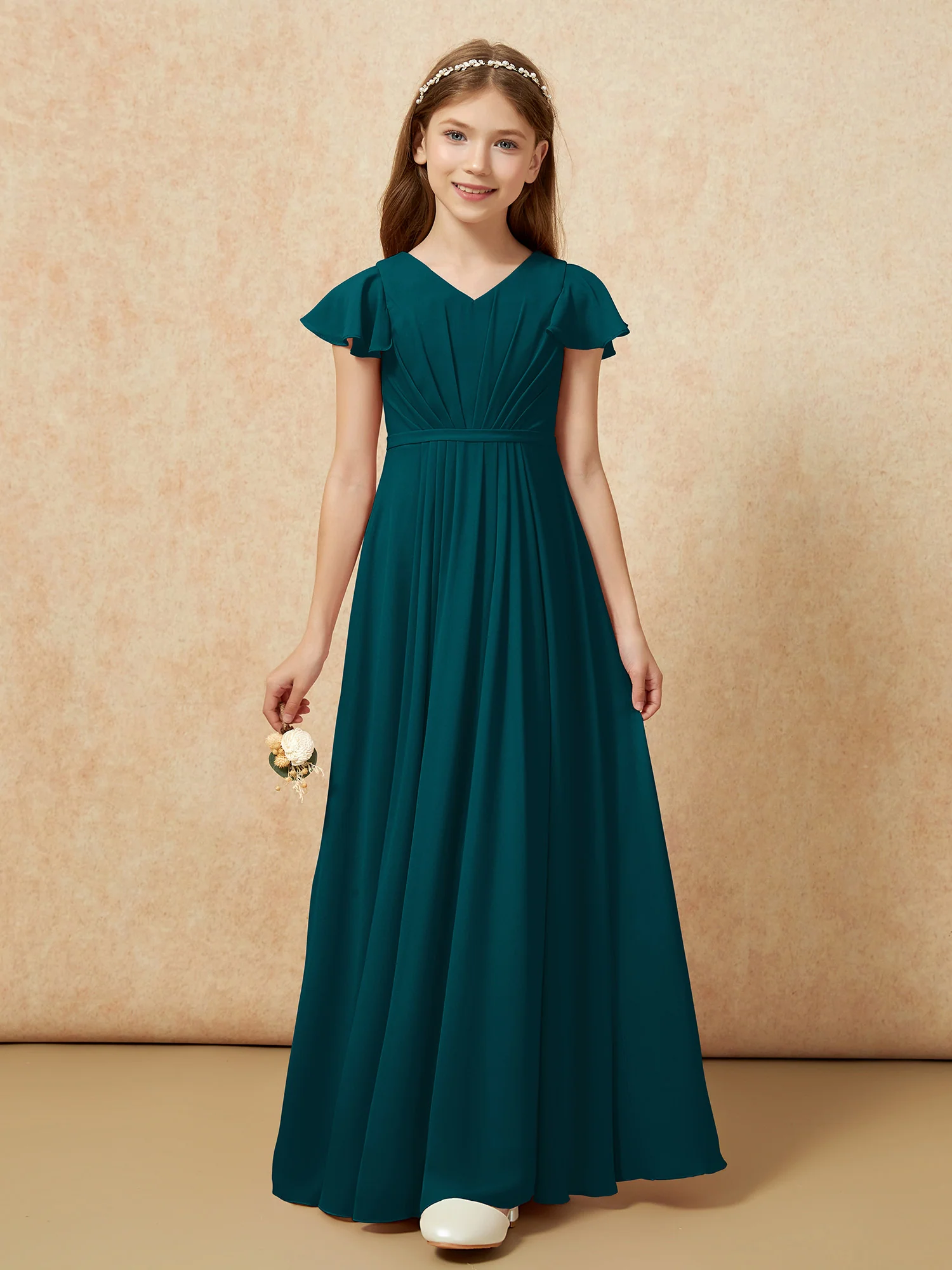 Flutter Sleeves V-neck Chiffon Junior Bridesmaid Dresses Pine - Image 6