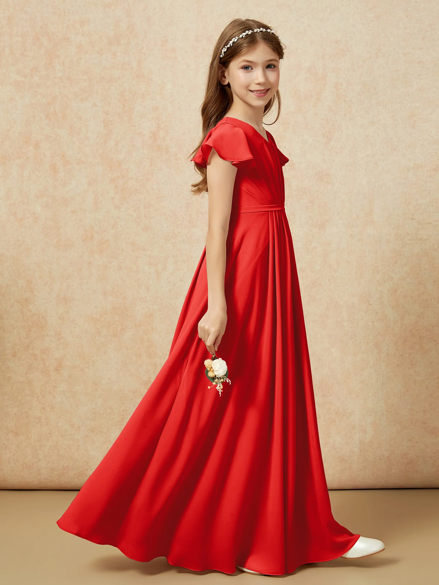 Flutter Sleeves V-neck Chiffon Junior Bridesmaid Dresses Red - Image 5
