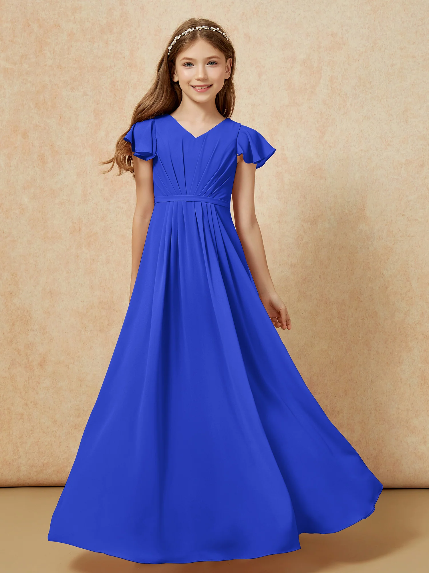Flutter Sleeves V-neck Chiffon Junior Bridesmaid Dresses Royal Blue