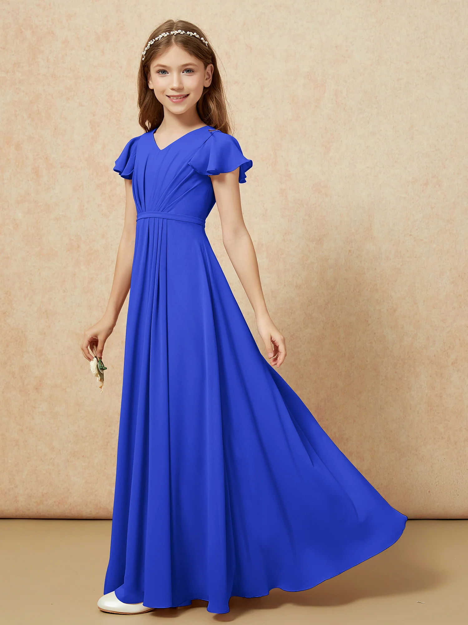 Flutter Sleeves V-neck Chiffon Junior Bridesmaid Dresses Royal Blue - Image 3