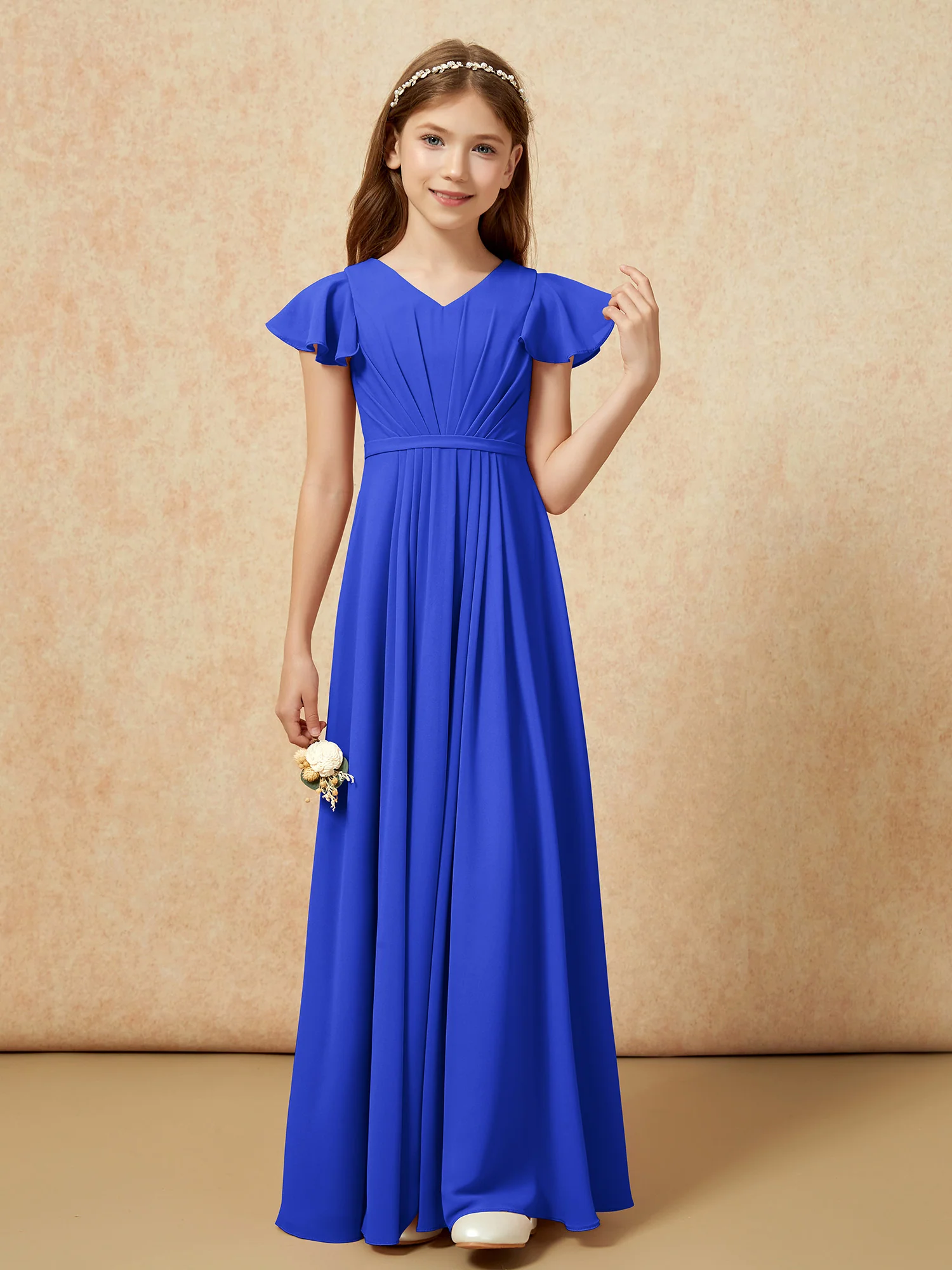 Flutter Sleeves V-neck Chiffon Junior Bridesmaid Dresses Royal Blue - Image 4