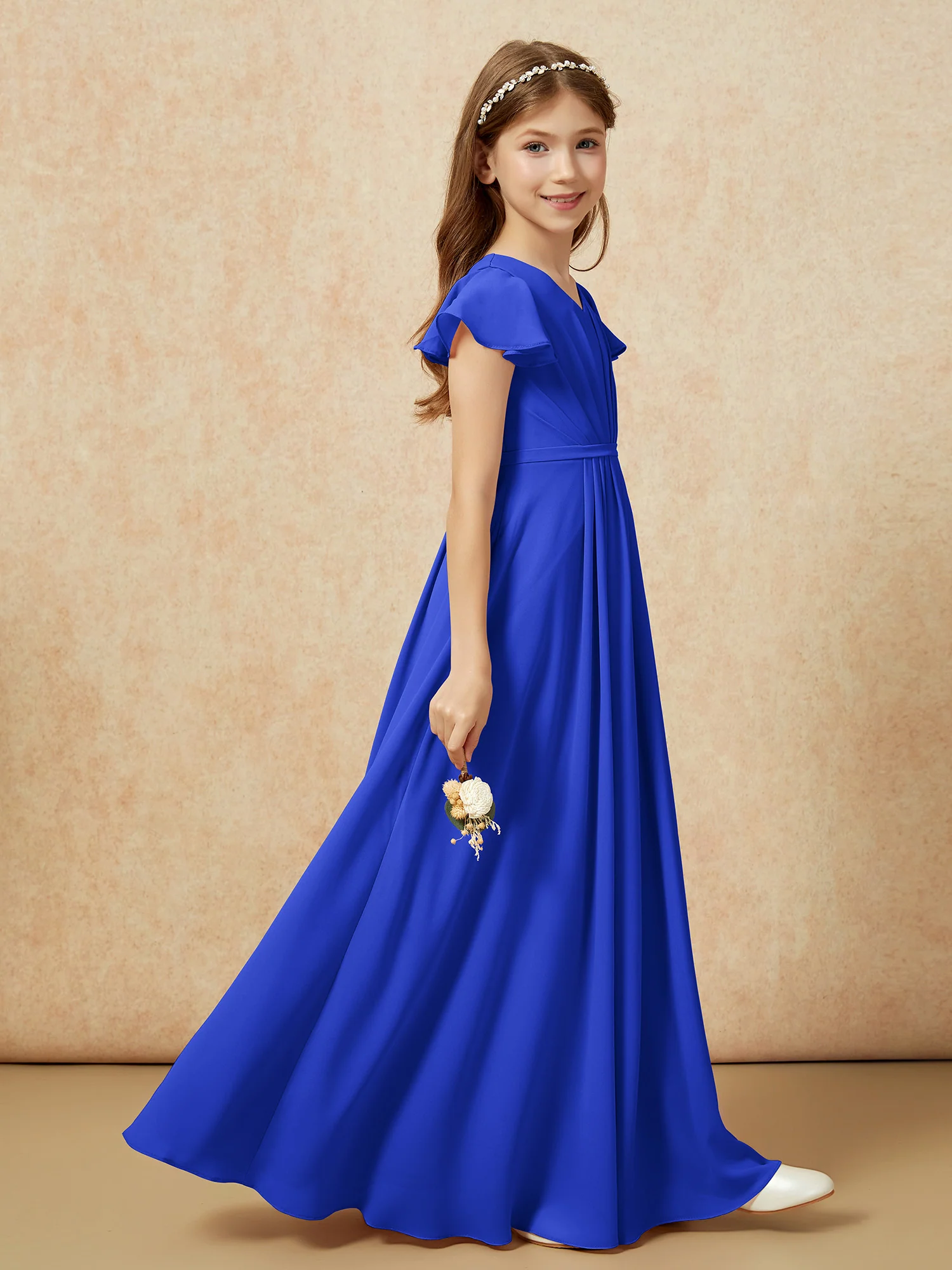 Flutter Sleeves V-neck Chiffon Junior Bridesmaid Dresses Royal Blue - Image 5