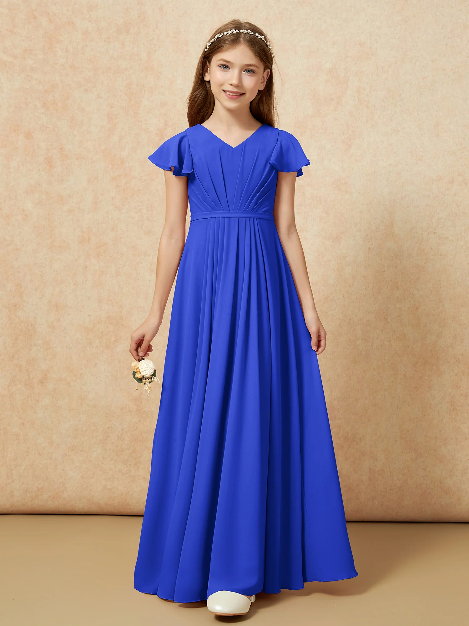 Flutter Sleeves V-neck Chiffon Junior Bridesmaid Dresses Royal Blue - Image 6