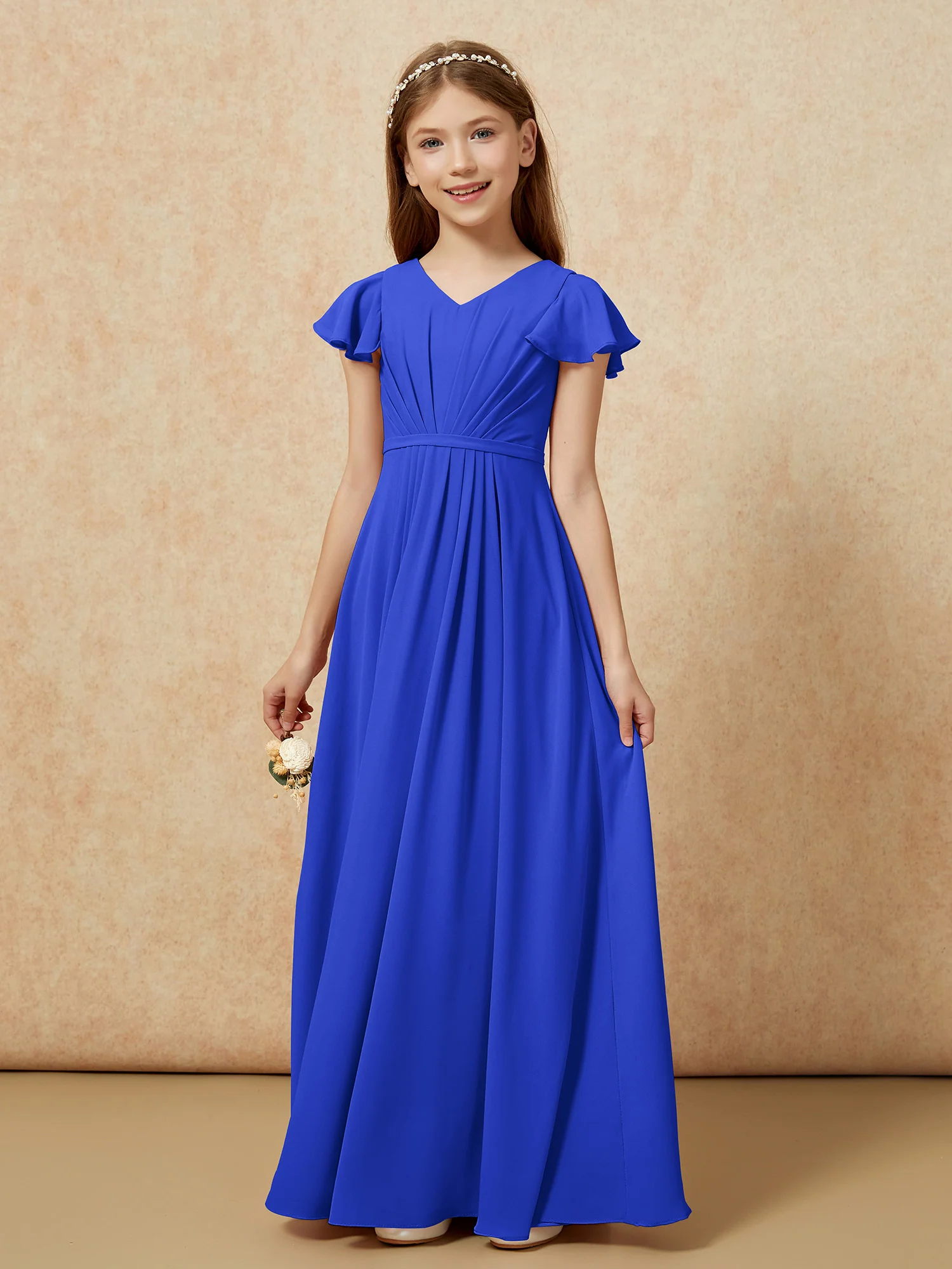 Flutter Sleeves V-neck Chiffon Junior Bridesmaid Dresses Royal Blue - Image 7