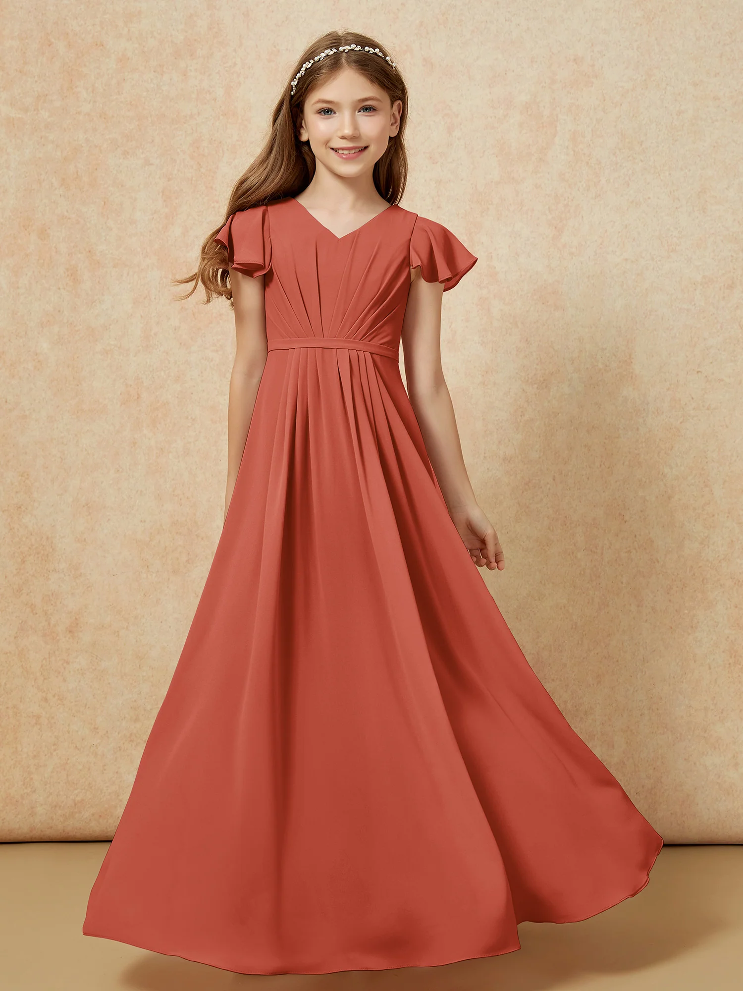 Flutter Sleeves V-neck Chiffon Junior Bridesmaid Dresses Rust