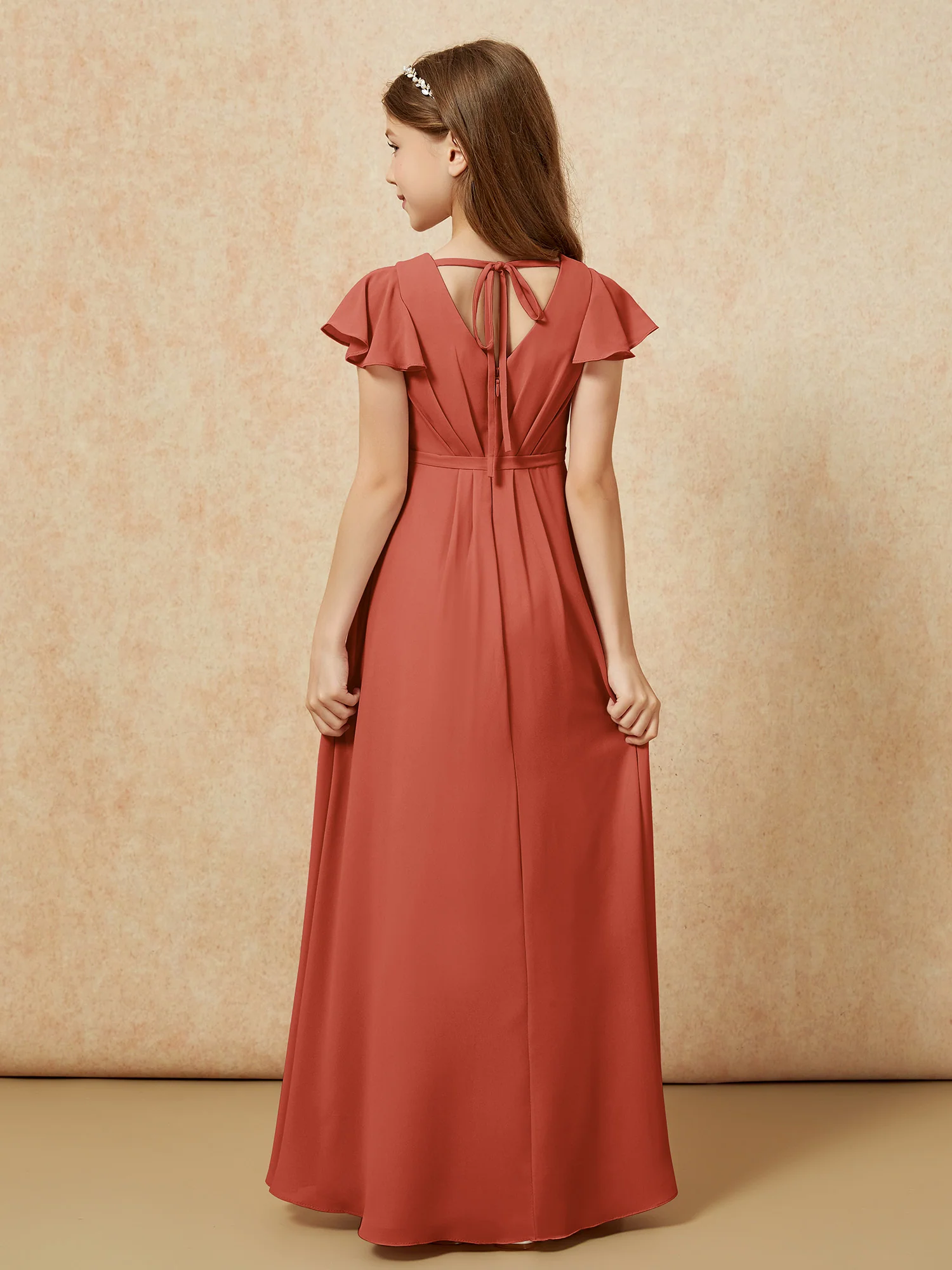 Flutter Sleeves V-neck Chiffon Junior Bridesmaid Dresses Rust - Image 2