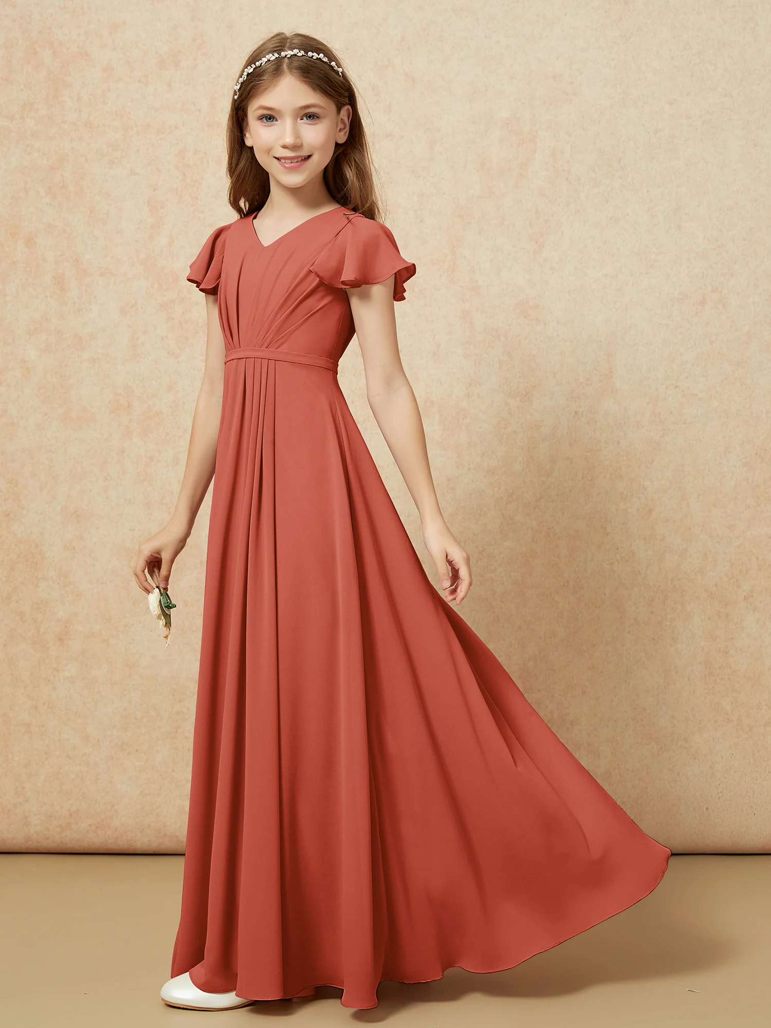 Flutter Sleeves V-neck Chiffon Junior Bridesmaid Dresses Rust - Image 3