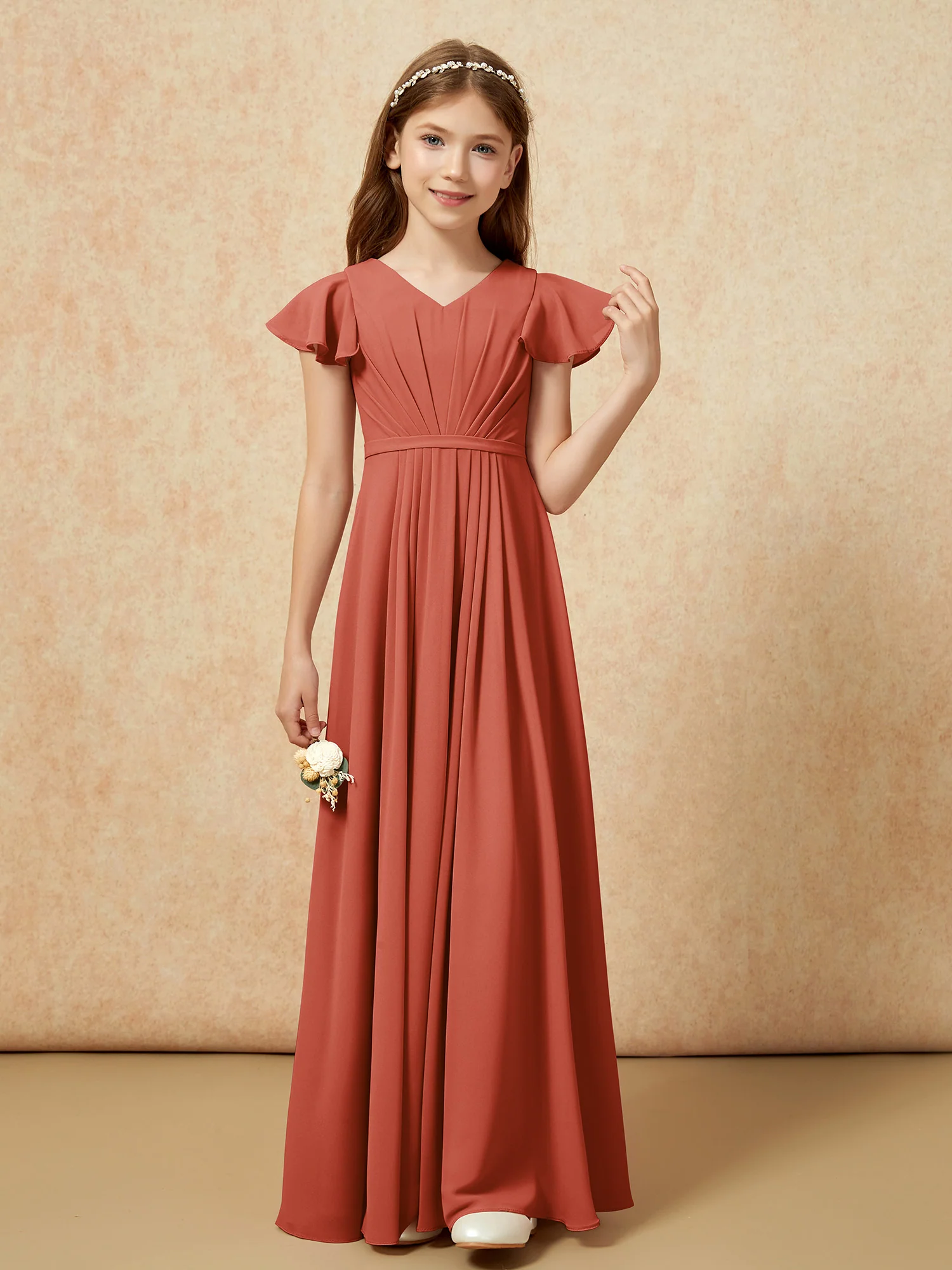 Flutter Sleeves V-neck Chiffon Junior Bridesmaid Dresses Rust - Image 4
