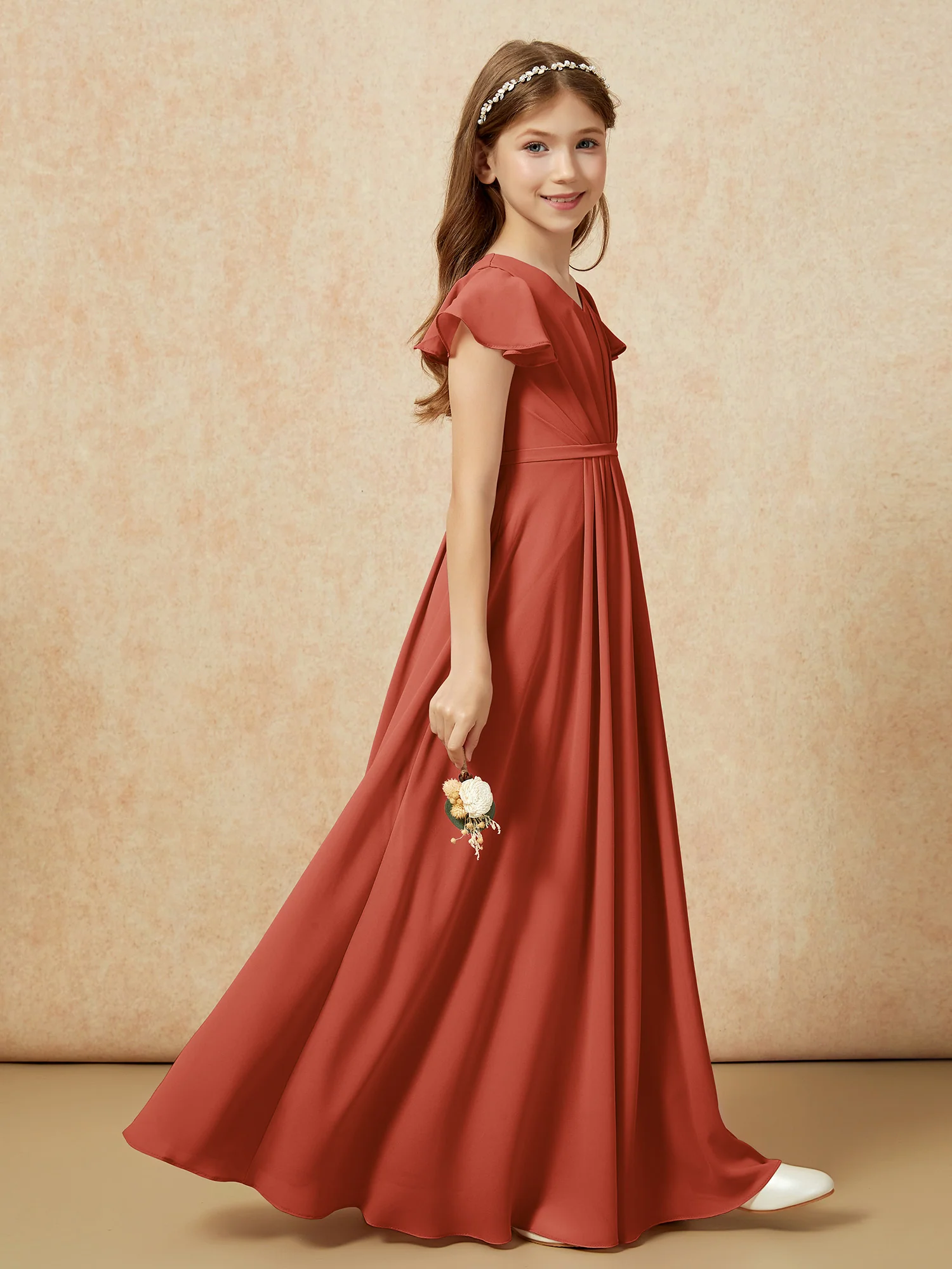 Flutter Sleeves V-neck Chiffon Junior Bridesmaid Dresses Rust - Image 5