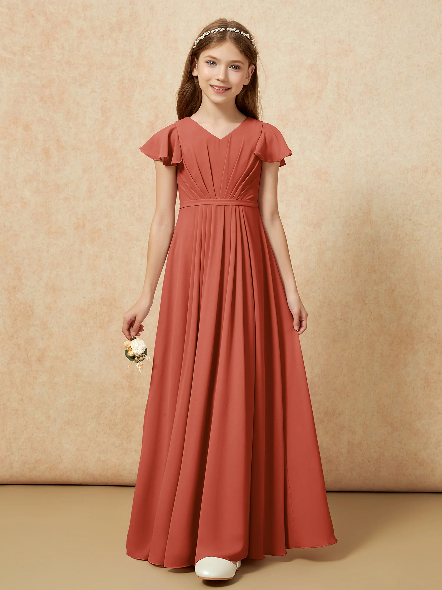 Flutter Sleeves V-neck Chiffon Junior Bridesmaid Dresses Rust - Image 6