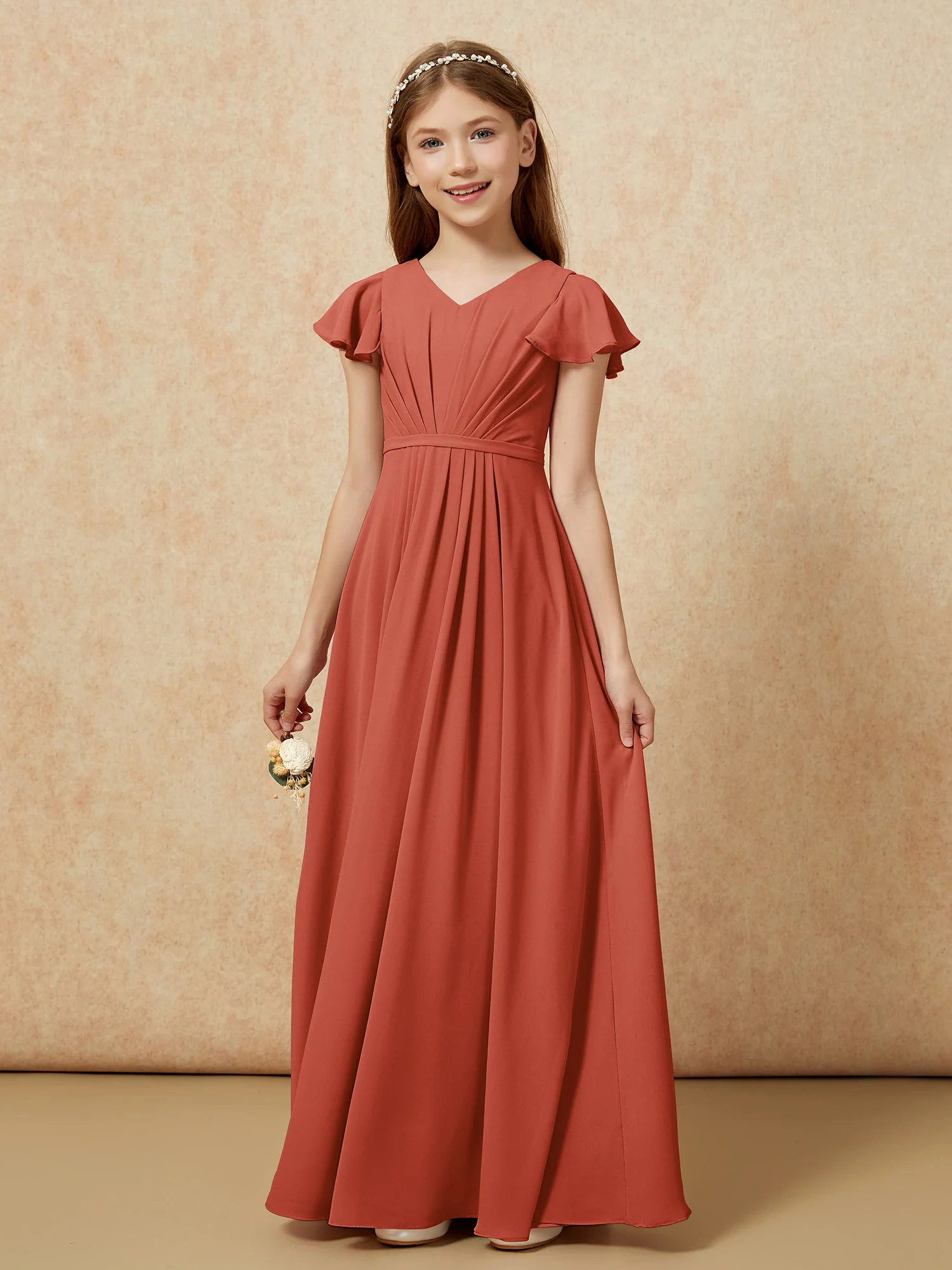 Flutter Sleeves V-neck Chiffon Junior Bridesmaid Dresses Rust - Image 7