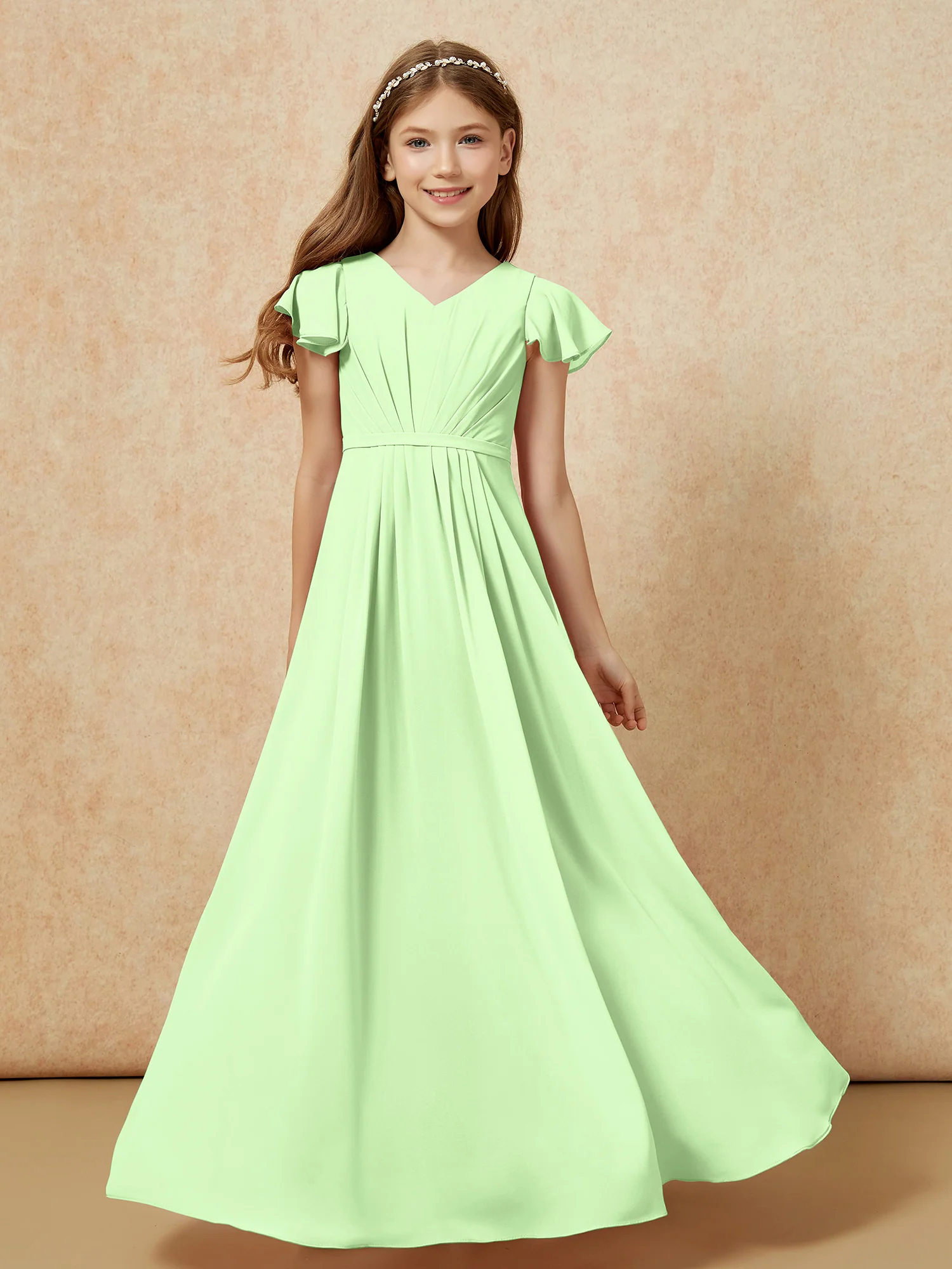 Flutter Sleeves V-neck Chiffon Junior Bridesmaid Dresses Sage