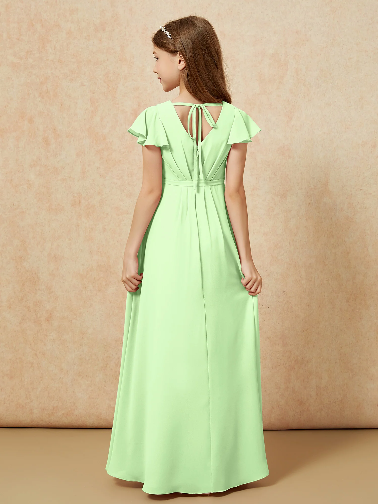 Flutter Sleeves V-neck Chiffon Junior Bridesmaid Dresses Sage - Image 2