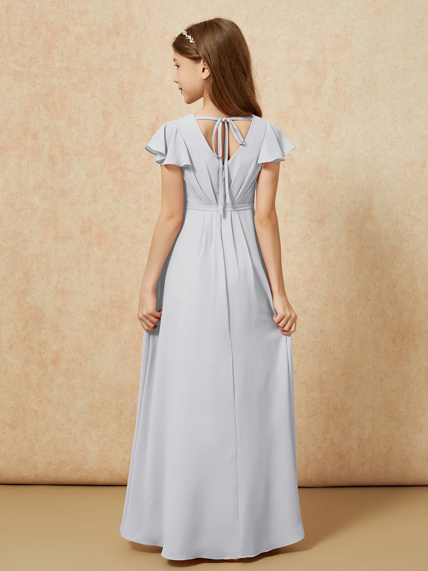 Flutter Sleeves V-neck Chiffon Junior Bridesmaid Dresses Silver - Image 2