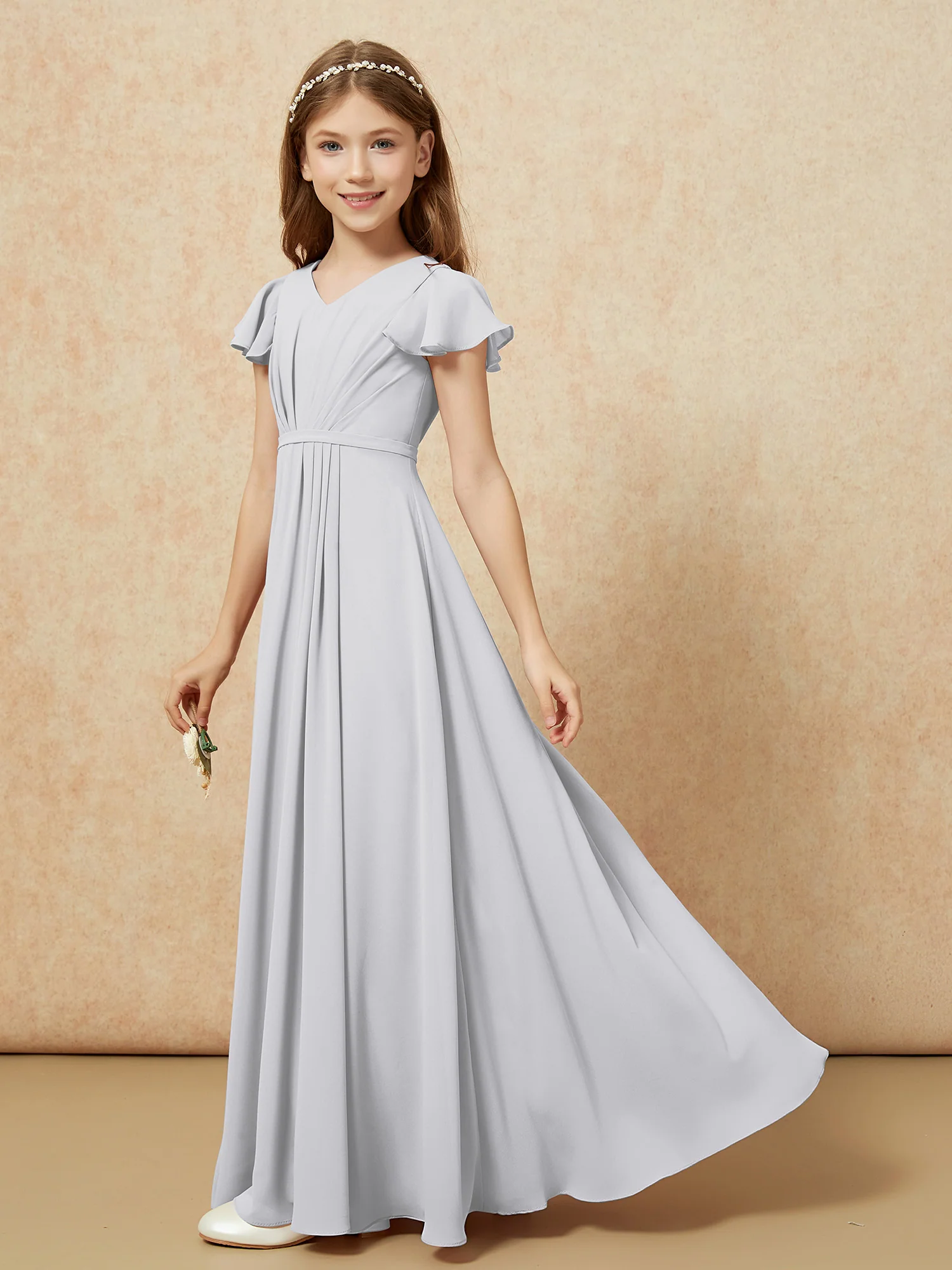Flutter Sleeves V-neck Chiffon Junior Bridesmaid Dresses Silver - Image 3
