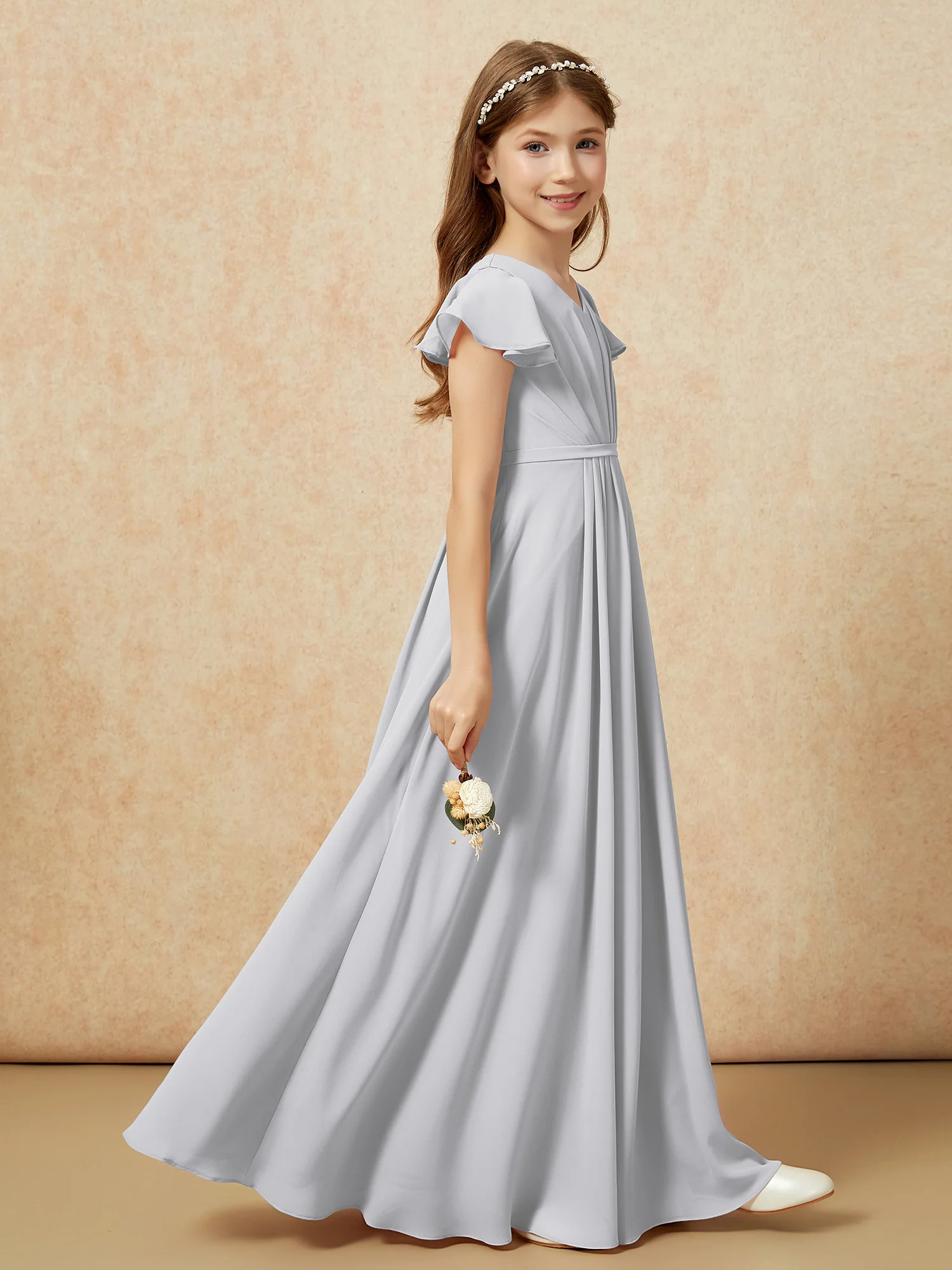 Flutter Sleeves V-neck Chiffon Junior Bridesmaid Dresses Silver - Image 5