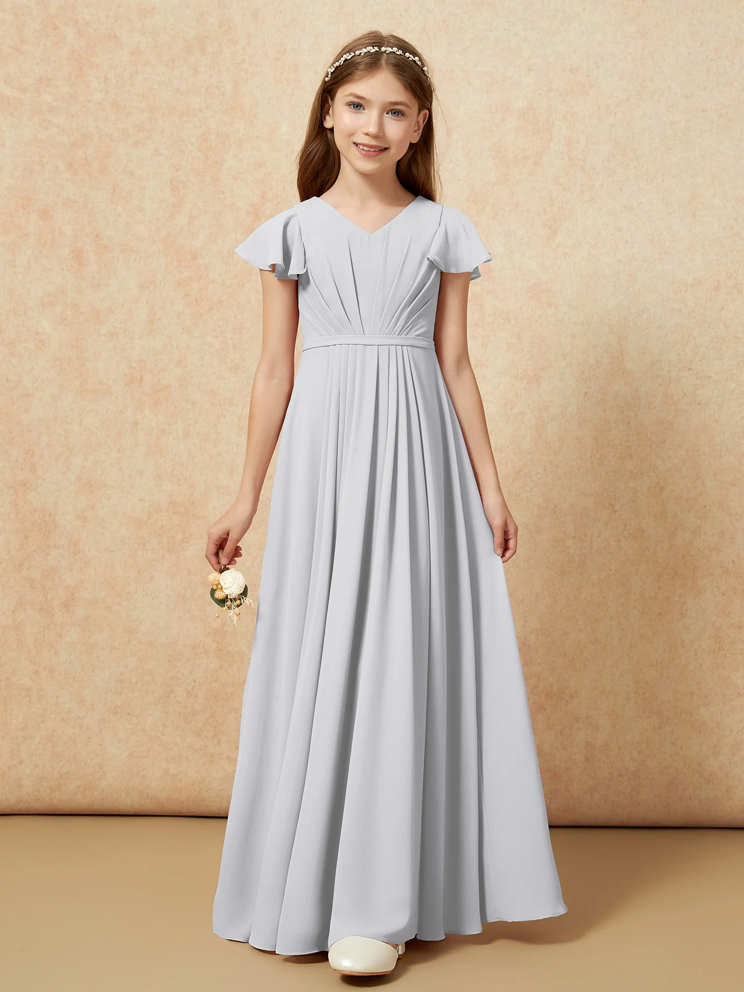 Flutter Sleeves V-neck Chiffon Junior Bridesmaid Dresses Silver - Image 6
